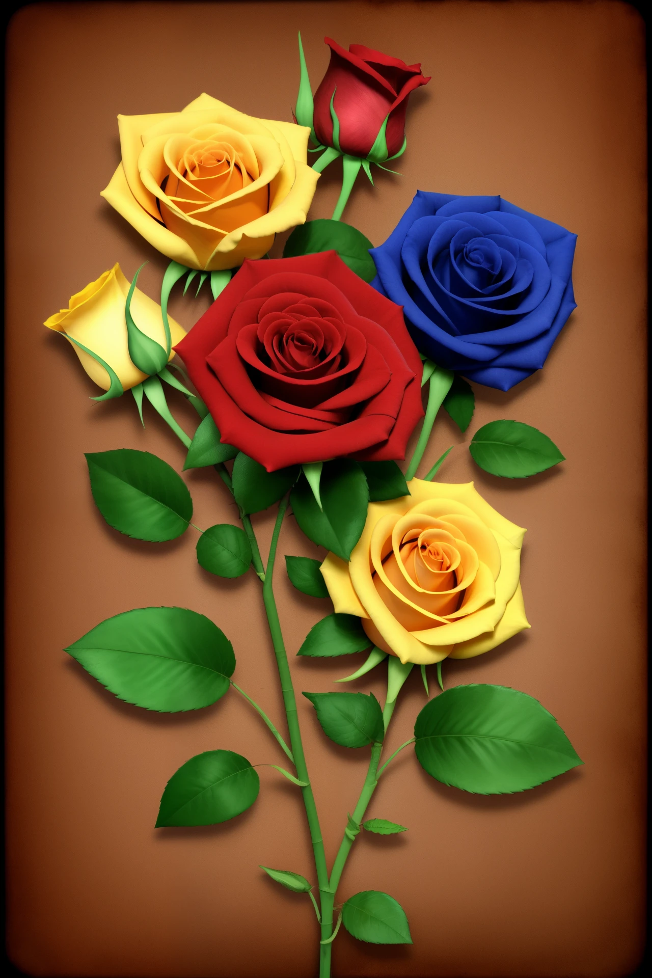 Single multi-colored Red, yellow, blue, and green rose with stem. Steam punk style