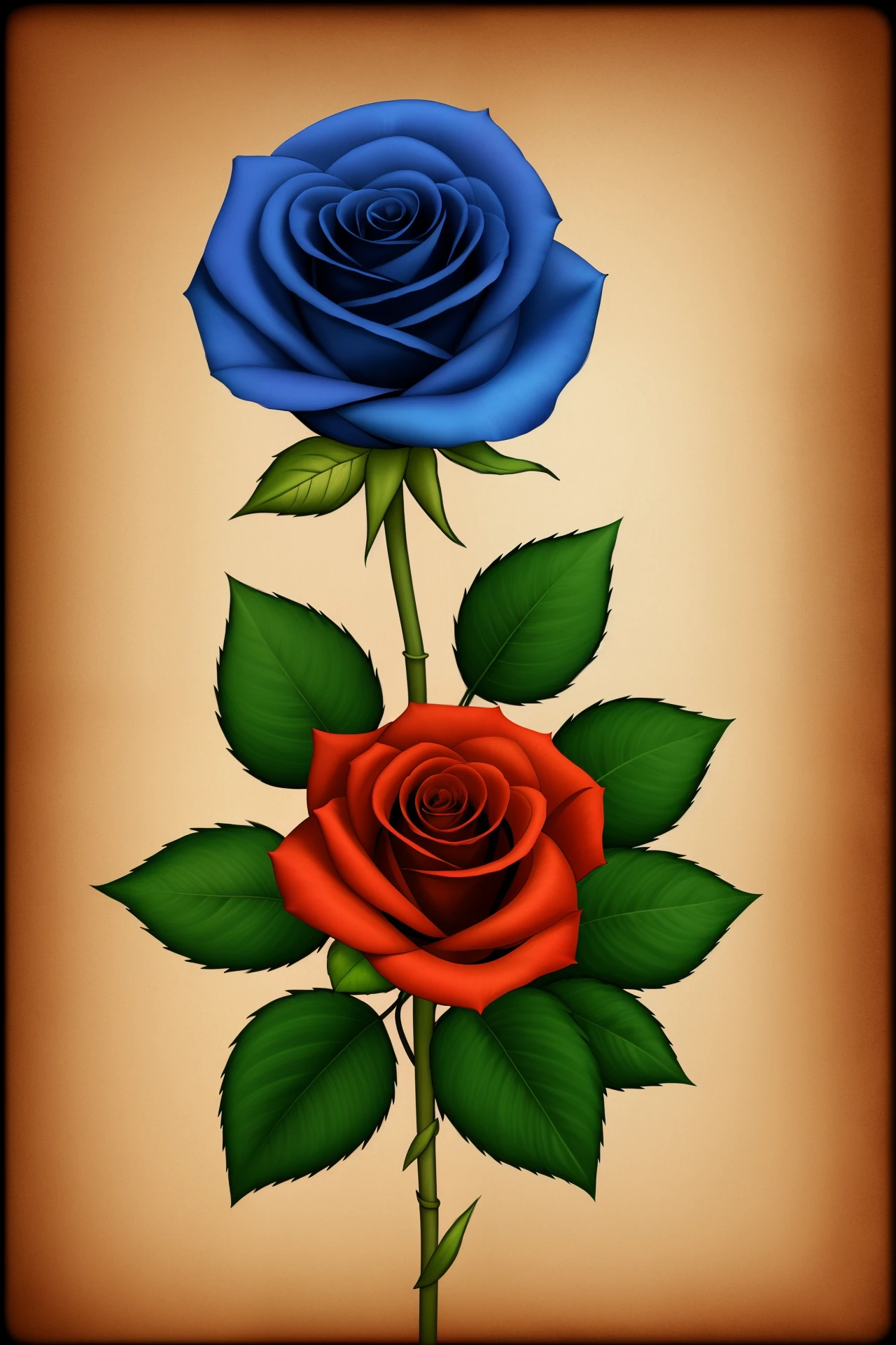 Single multi-colored Red, yellow, blue, and green rose with stem. Steam punk style