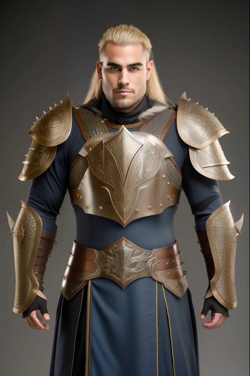 arafed man in armor poses for a picture in a studio, guerreiro masculino loiro , macho atraente com armadura, atraente macho de carne com armadura, guerreiro de fantasia em armadura completa, elven armor, render de armadura de fantasia pesada, armadura de fantasia detalhada,armadura viking detalhada, usando armadura de fantasia, wearing norse armor, armadura de fantasia muito elegante