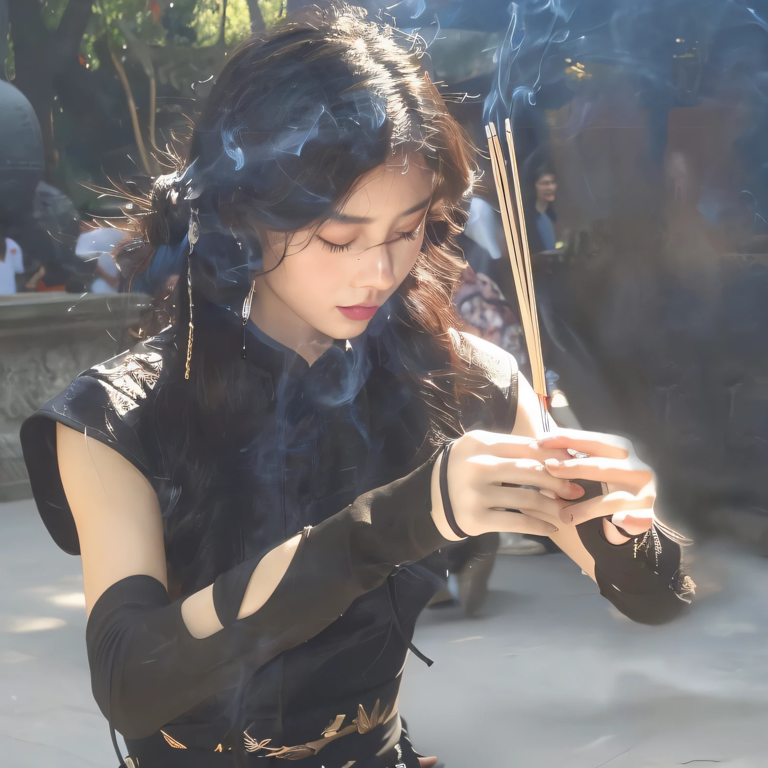 Araf woman in black dress holding cigarette and smoking stick, Inspired by Du Qiong, cast fire spell, maya ali commercial&D magician, There is smoke, With the power of black magic, Inspired by Chen Yifei, cast fire spell, full body xianxia, Yoo Lee Ji-eun plays the super villain, smokes
