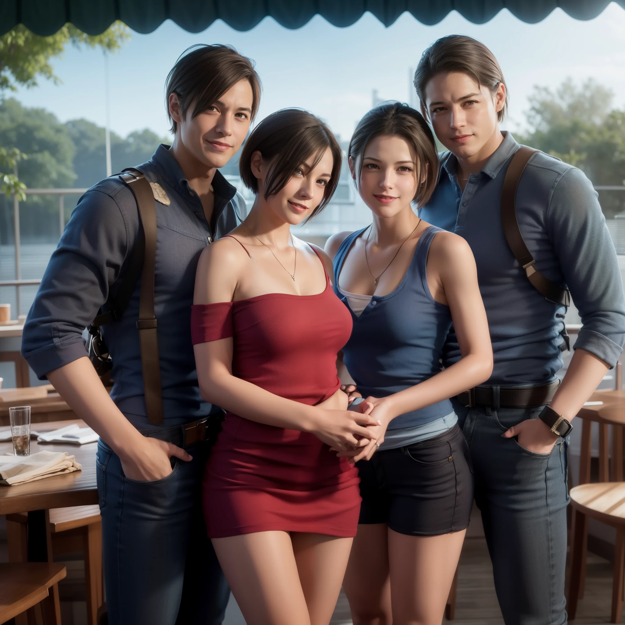 Claire Redfield in a bikini。A man rubs my chest from behind