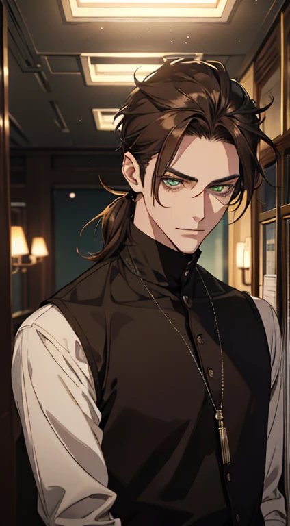 ((sexy tall man, young_adult_face)), (glowing green eyes), olive green eyes, masterpiece, superb quality, sharp eyes, piercing eyes, smirking, sexy smirk, portrait, gradient ((dark brown hair)), shaggy hair, ((rat tail hair)), ((rattail hair)), (shiny tan skin), darkbrown_hair, ashybrown_hair, ash_brown hair, solo, indoors, ❤ love, handsome anime boy, 1 man, wearing black skinny jeans, wearing brown sweater, head tilted, ((face front)), 1boy, male, young man, tan ager, low screen contrast, high brightness, soft lighting, soft focus, mysterious, cinematic lighting, close -up, Hyper HD, 巨作, highly detailed, green eyes, hair between eyes