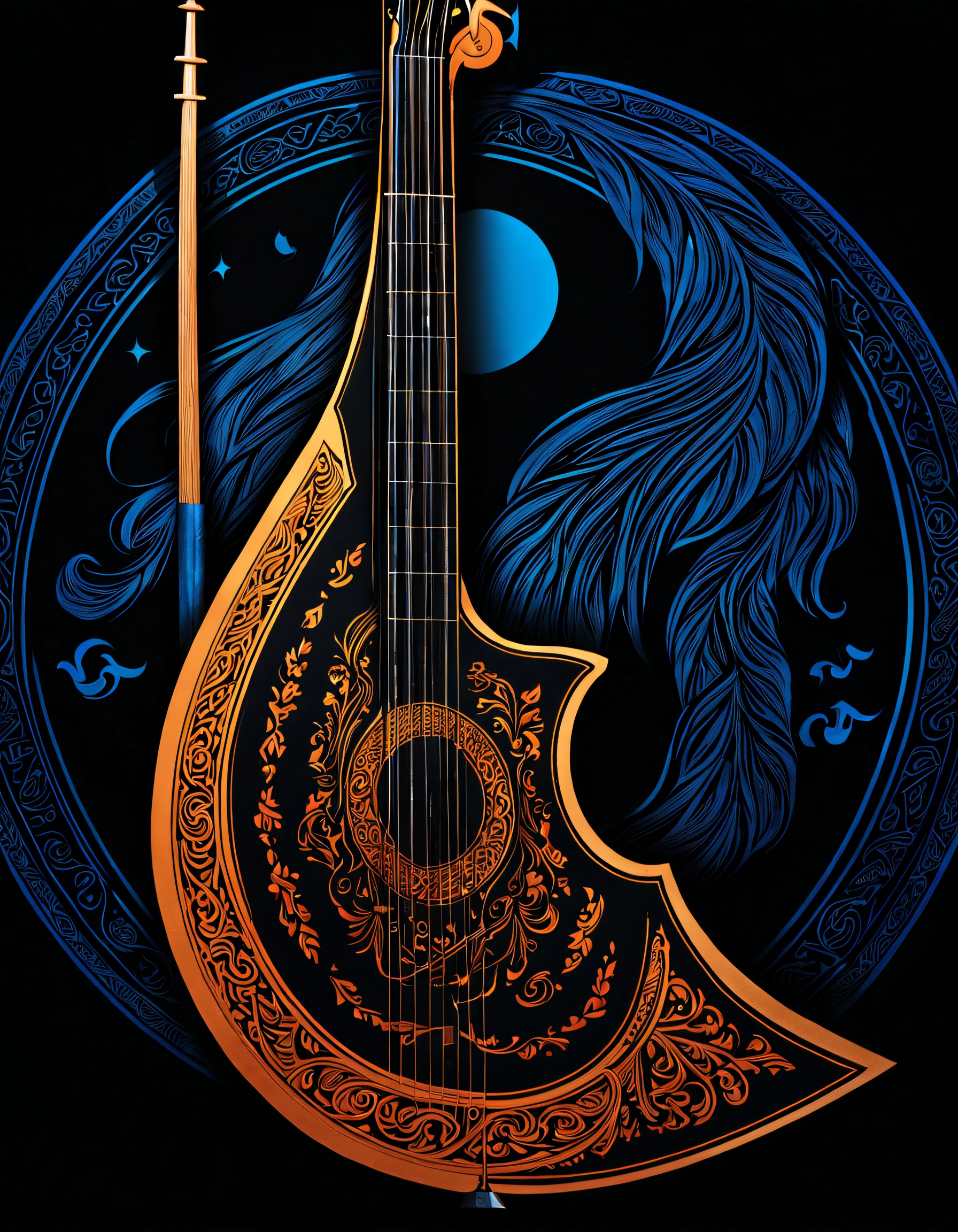 (Mongolian Morin Khuur),Black light poster art ,with black background,hight contrast, high saturated