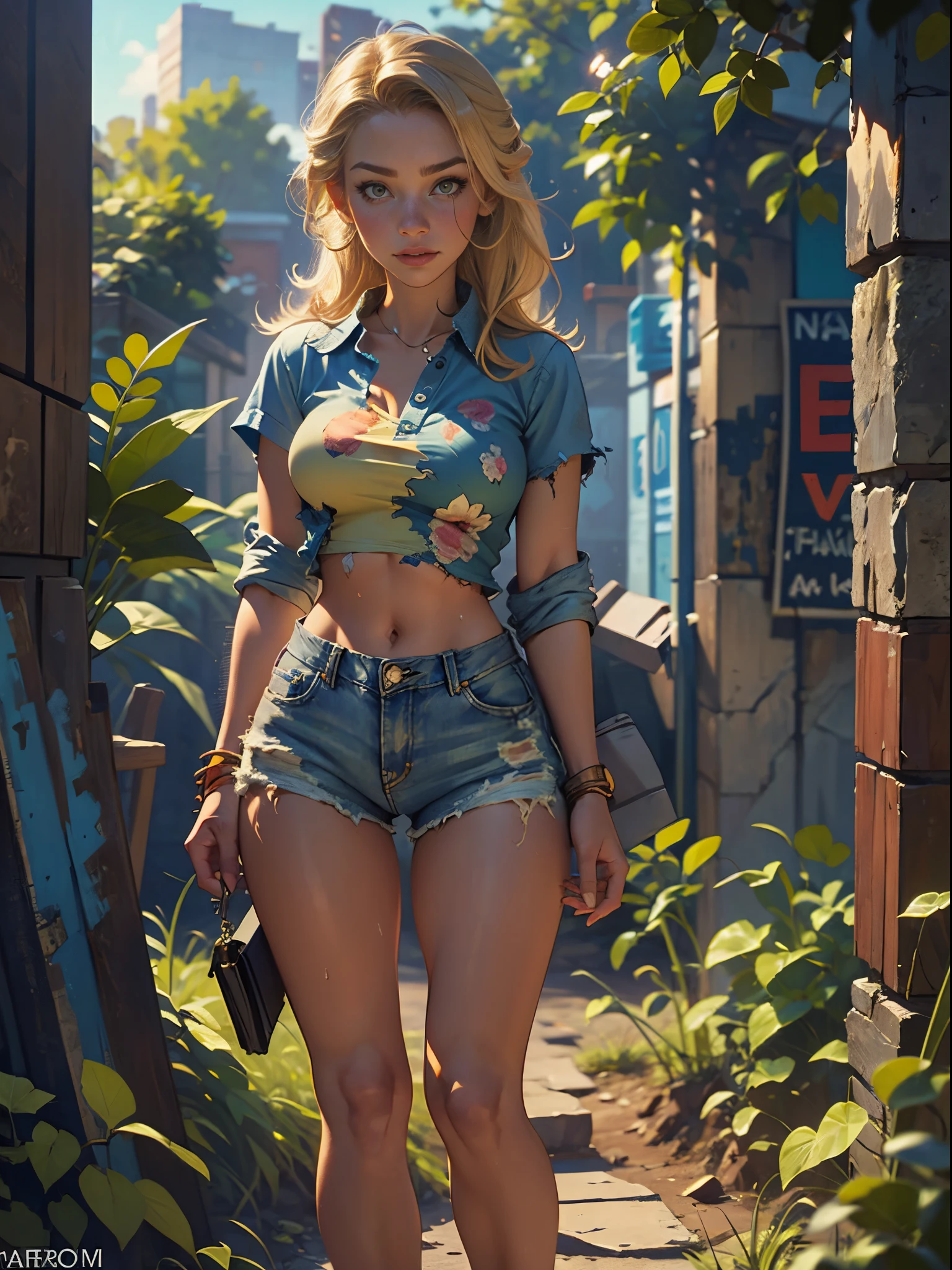 2076 year. The Urban Ruins of the Wasteland, Female huntress picking fruit in the garden, beautiful face, blonde, badly torn shirt and denim shorts , long legs, sweating through, sun rising, Nice warm colors, head to toe full body shot
