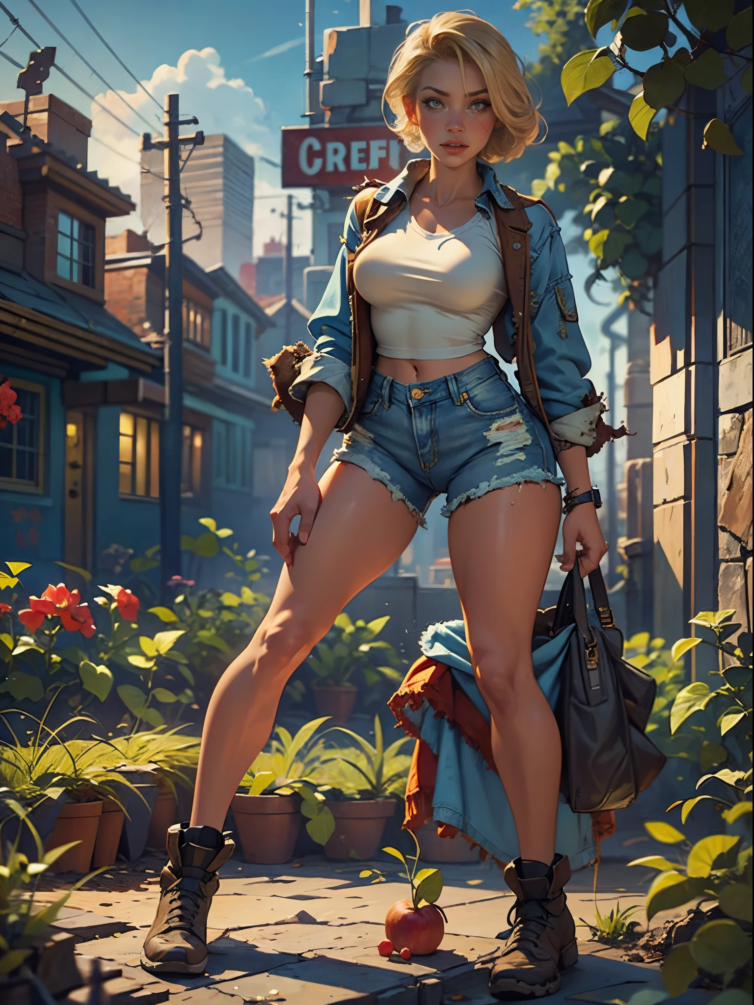 2076 year. The Urban Ruins of the Wasteland, Female huntress picking fruit in the garden, beautiful face, blonde, badly torn shirt and denim shorts , long legs, sweating through, sun rising, Nice warm colors, head to toe full body shot