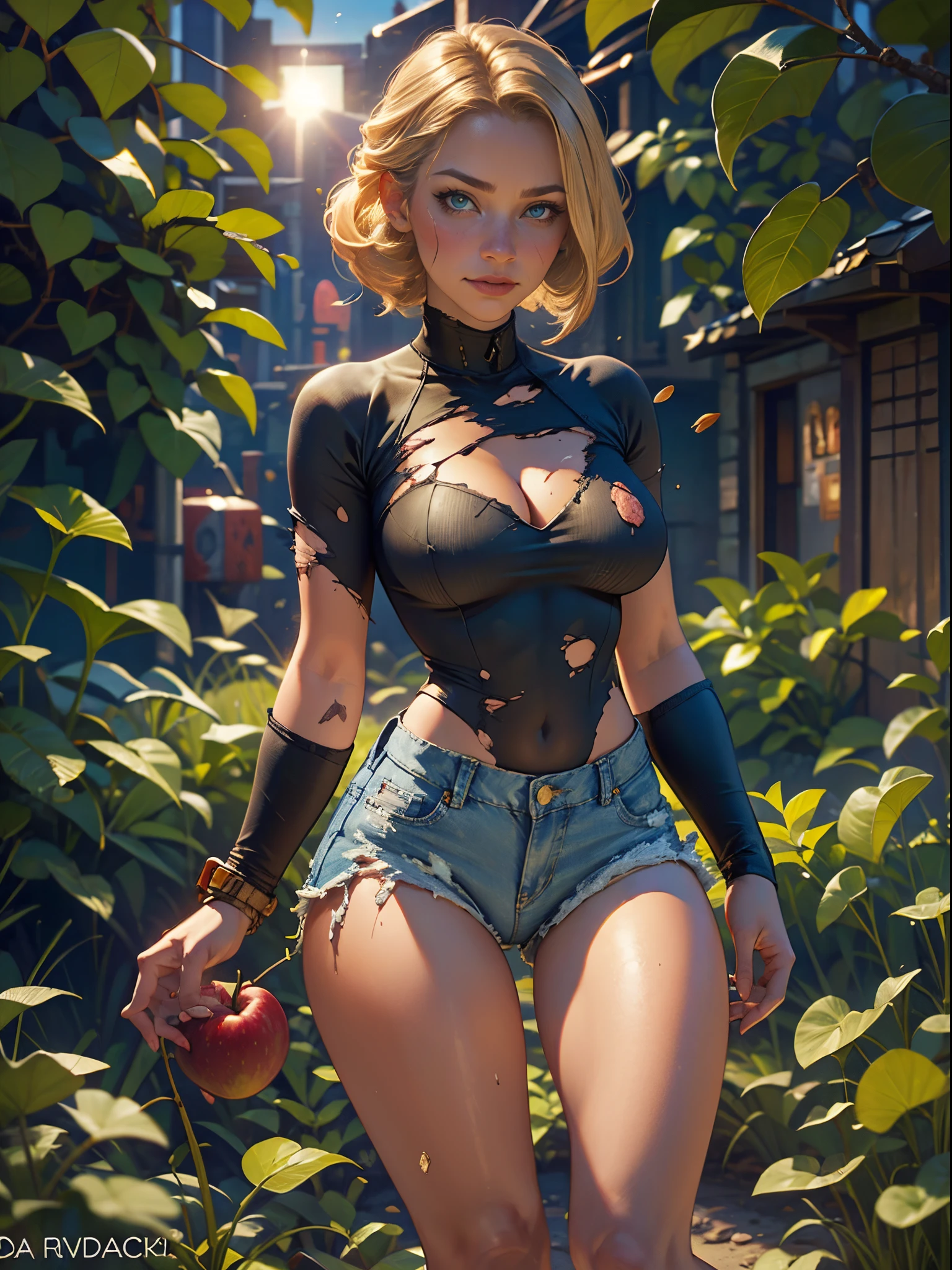 2076 year. The Urban Ruins of the Wasteland, Female huntress picking fruit in the garden, beautiful face, blonde, badly torn shirt and denim shorts ,  long legs, sweating through, sun rising, Nice warm colors, head to toe full body shot