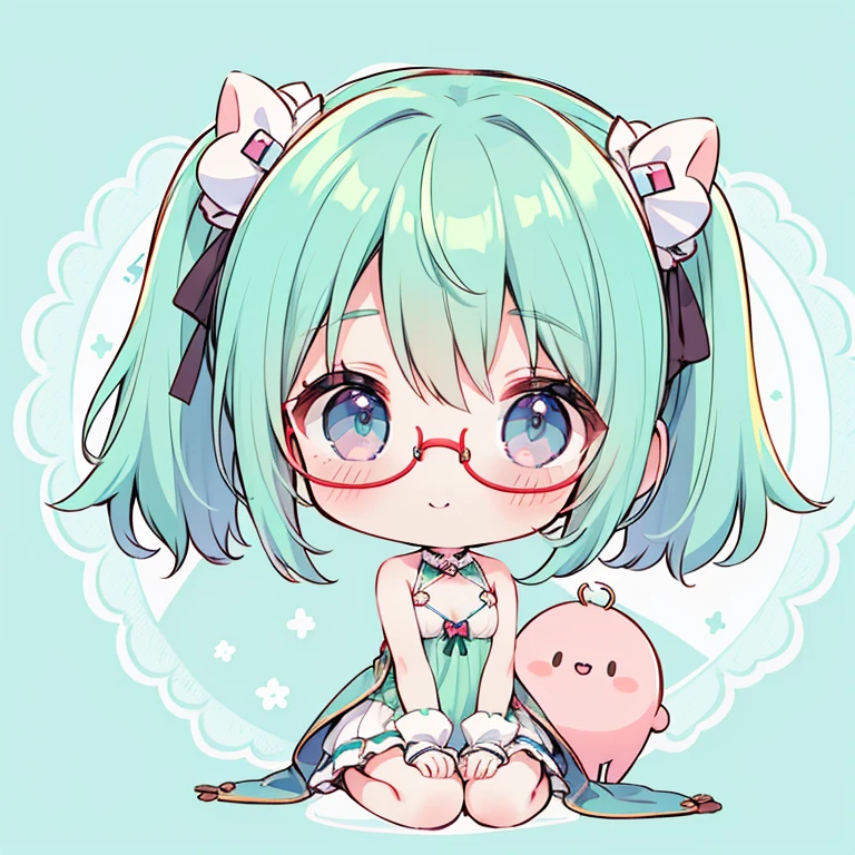 Chibichara girl, smiles, (Very small breasts), (deep blue eyes), (Pale green hair, Short hair, forehead, Small pigtails), (red-half-rimed glasses),((Chibi Chara)), White and green costume with fluff, Chibi Chara, full body Esbian, masterpiece, Ultra Quality。
