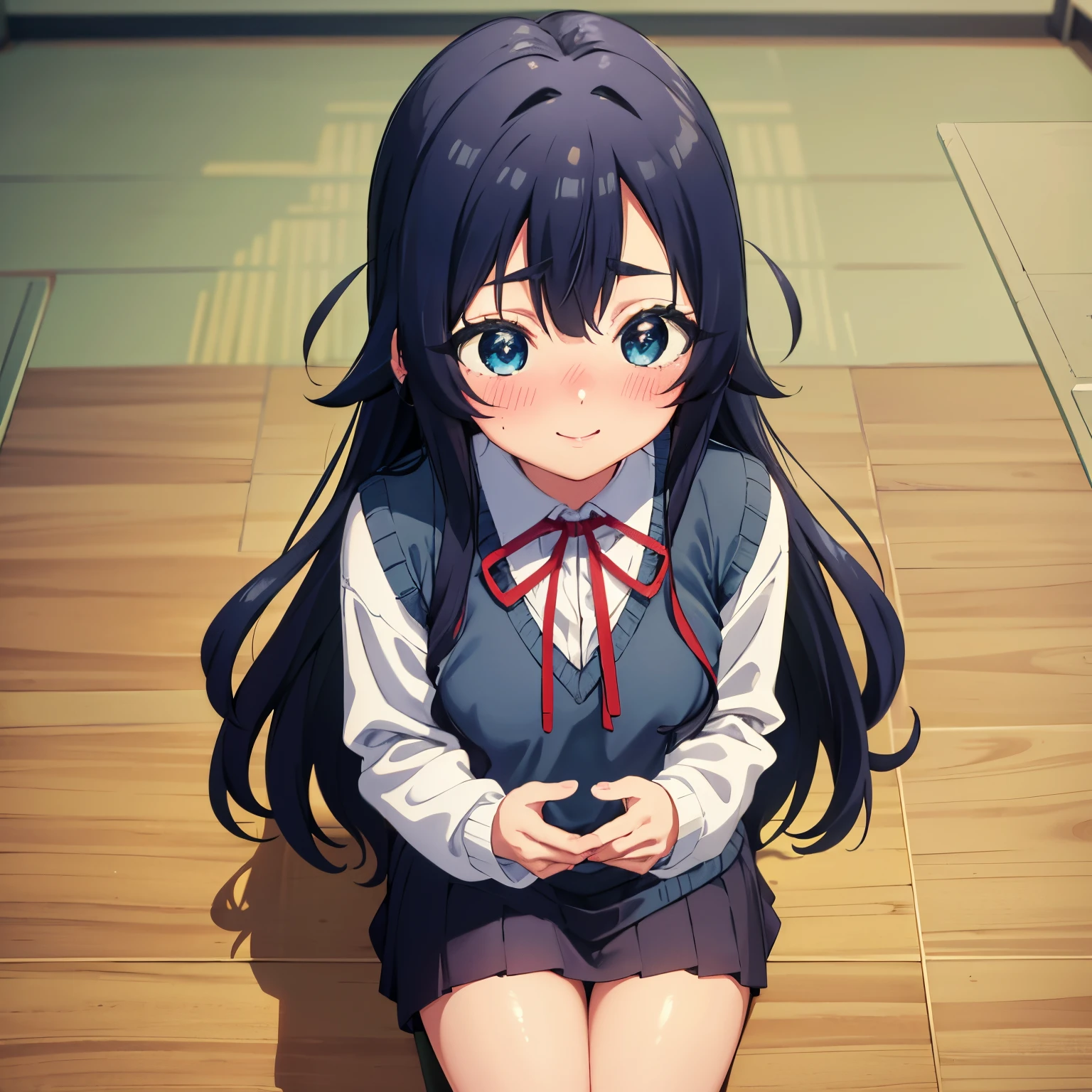 Pov(from above),1girl,alone,shizuka yoshimoto, long hair, dark blue hair, blue eyes, ribbon on neck, red ribbon, white shirt, black skirt, embarrassed, smiling, long sleeves, school uniform, bracelet, sweater vest, classroom, POV, Selfie, Smiling, embarrassed, shy, library, sitting, sitting on desk, legs crossed, blushing all over, Standing, 1 girl, (Masterpiece: 1.3), (high resolution), (8k), (extremely detailed), (4k), (Pixiv), Perfect face, Beautiful eyes and face, (Best quality), (super detailed), Detailed face and eyes, (Only), textured skin , absurd, high resolution, small breasts, medium waist, medium thighs