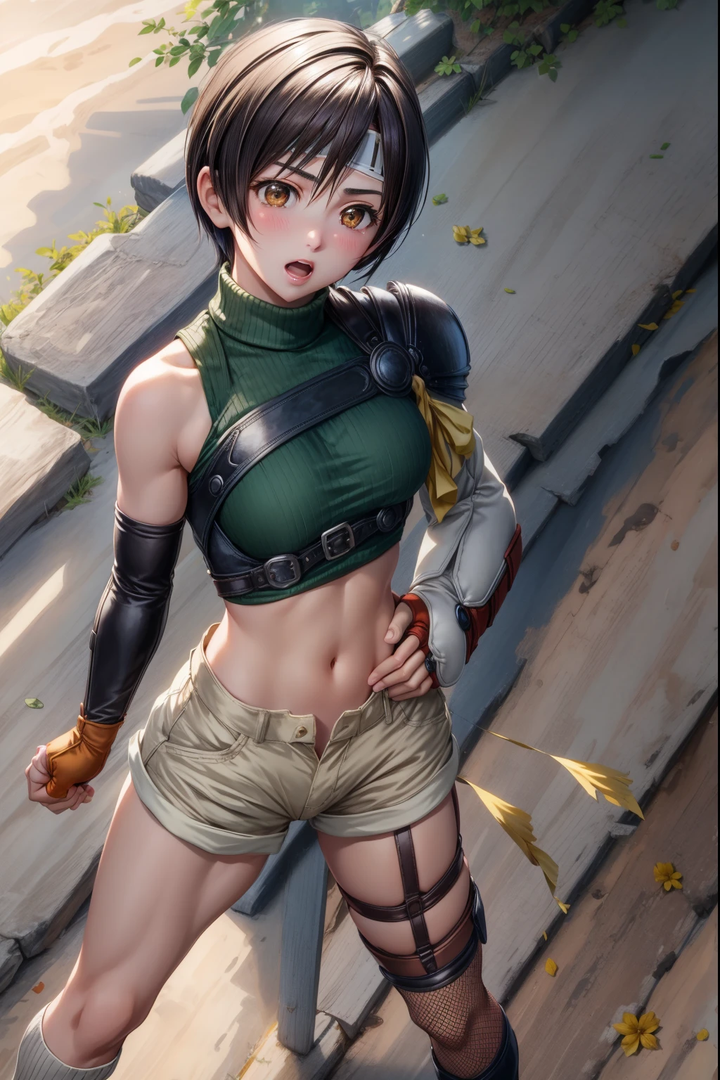 masterpiece, best quality, yuffie kisaragi, headband, sleeveless turtleneck, shoulder armor, armguard, fingerless gloves, tan shorts, single thighhigh, fishnets, cowboy shot, pov, blushing, furrowed brow, clenched fists, own hands together, open mouth, from above, traditional japanese architecture