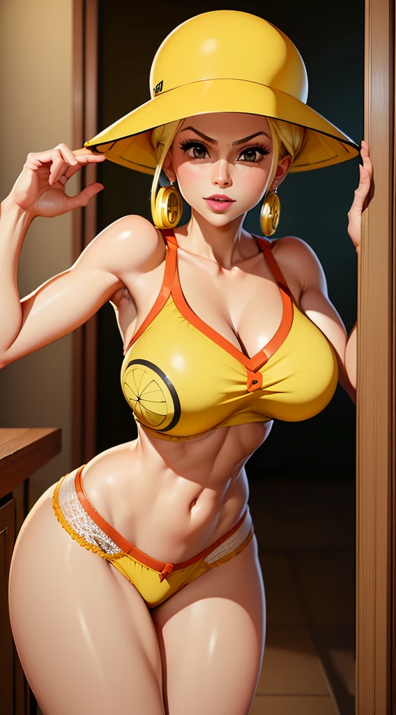 the best possible quality, (Ultra resolution 8K), mulher bonita, cabelo loiro, A mais linda de todas, cabelo curto, Corpo perfeito, bunda perfeita, yellow hat, Erotic, Micro Lingerie, Cute Character Cosplay