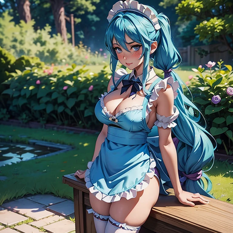 League of legends character Sona, long blue hair, pigtails,  sexy, maid hat, maid apron, sexy underwear, big boob, Big chest, alluring look, blushing, somewhere in nature, outside, topview