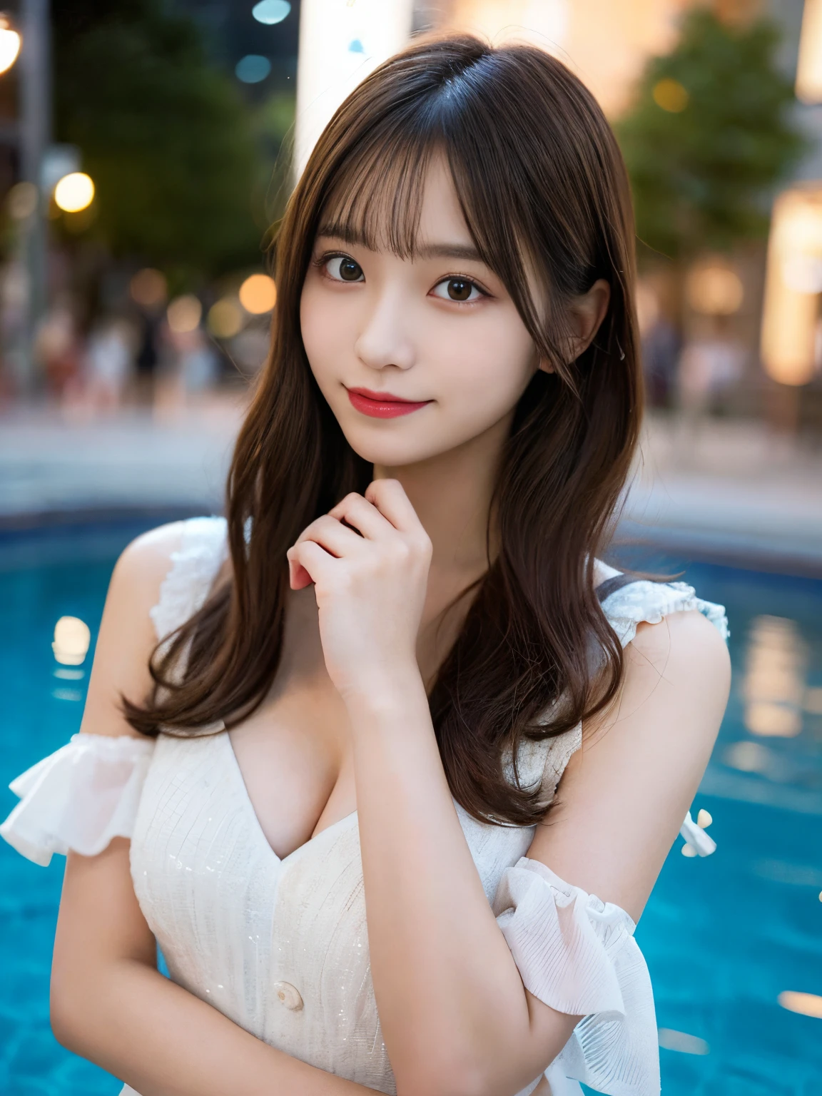 masutepiece, Best Quality, Illustration, Ultra-detailed, finely detail, hight resolution, 8K Wallpaper, Perfect dynamic composition, Beautiful detailed eyes, She wears a white dress,Medium Hair,Natural Color Lip, Bold y poses,Smile,Harajuku、20 years girl、Cute、Sexhot looking at camera、C Cup、Brown hair、caste-like face、Blurry night pool background