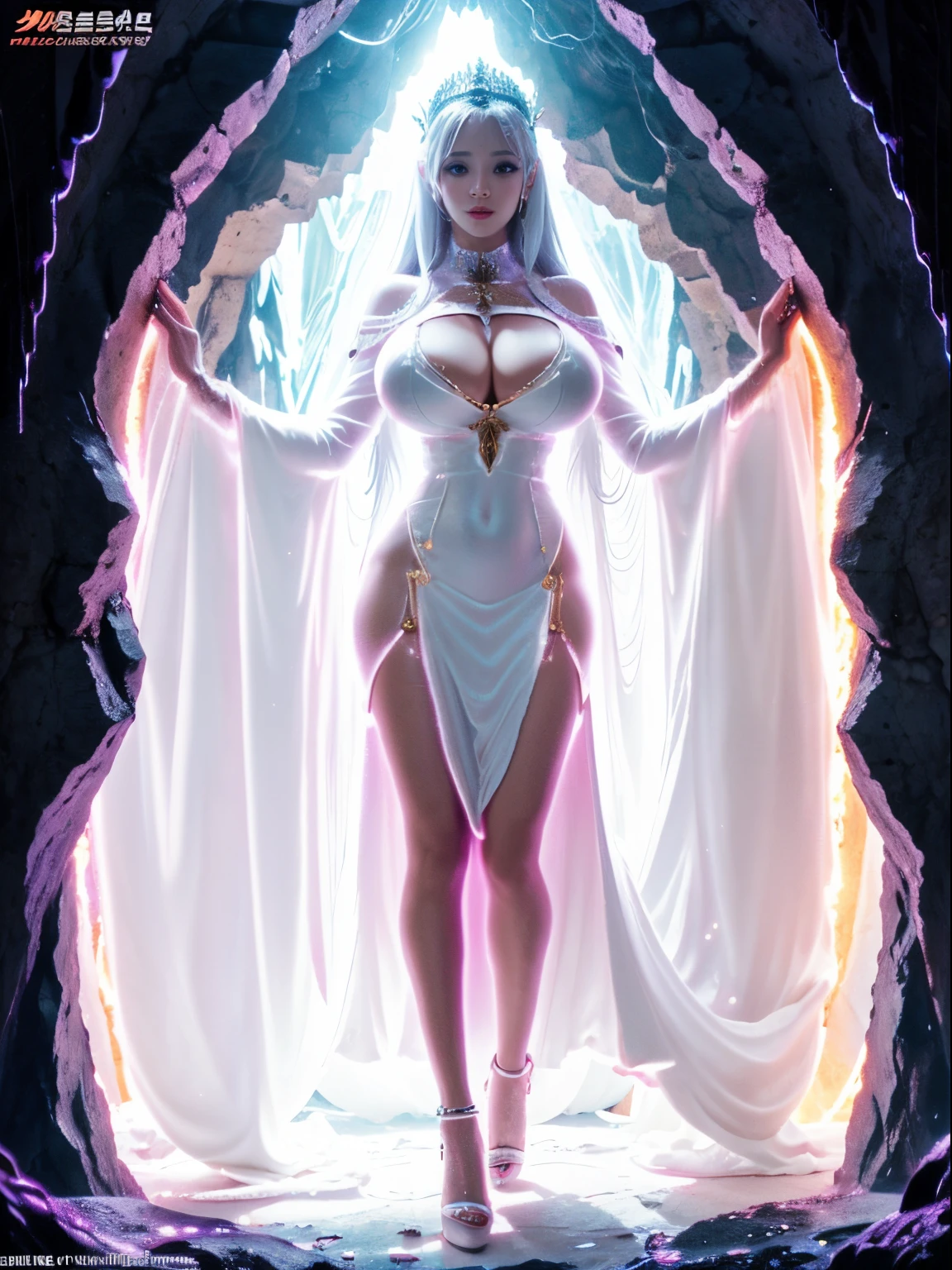 The goddess who descended into the cave, the whole body is shining, detailed white luxury dress, full body shot, Blacklight, giga_busty