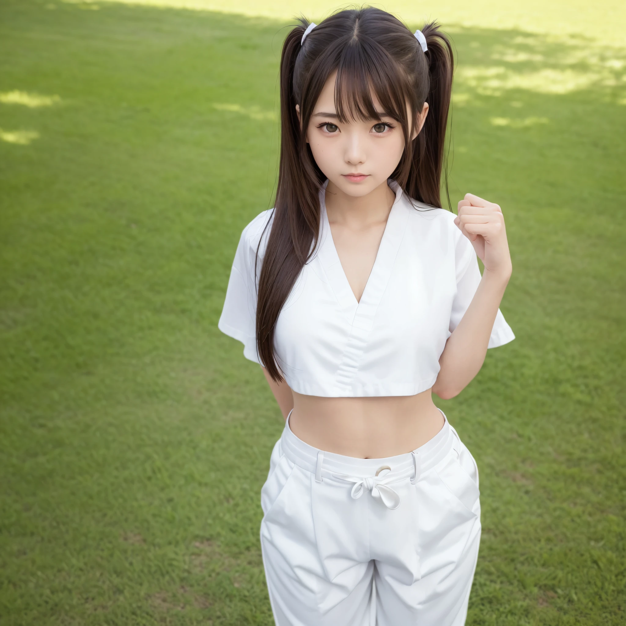 (Photorealsitic)(), Pretty Woman, (Full body 8K portrait), 1 girl in, White Karate Uniform, White karate pants, Large bust,Stand alone, Large and dynamic hand and foot movements, Stick out your fist, Make a high side kick, Correct skeleton, Perfect facial detail, (Smile: 1.15), attractive beautiful face, gazing at viewer, a small face, 二重まぶた, Beautiful detailed eyes, long eyeslashes, ligh brown hair, poneyTail, Toned waist, Beautiful thin legs, toned ankles, bare-legged ,TOKYOcty, the background is green, no nsfw