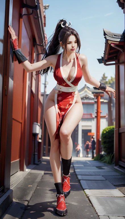 mai shiranui, Brown eyes, (Full body portrait:1.4), (Standing), Full body, Prestige, Long hair, Brown hair, White ribbon, Sleeveless, poneyTail, sash, pelvis curtain, arm guards, mitts, (tabi:1.4), fascinated expression, Sexy eyes, medium breasts, Smile, Cute, view the viewer, Long hair, Close to Japan temple, (breasts focus:1.2), (Realistic:1.2), (Full Shot: 1.2), (Realism), (masutepiece:1.2), (Best Quality), (ultra-detailliert), (8K, 4K, Convoluted), (85 mm), light Particle, Lighting, (Highly detailed:1.2), (Detailed face:1.2), (gradients), SFV, Colorful, (Detailed eyes:1.2), (Detailed temples of Japan: 1.2),(Detailed background), (Dynamic Angle:1.2), (Dynamic Pose:1.2), (Line of action:1.2), Wide Shot, Daylight, Solo.