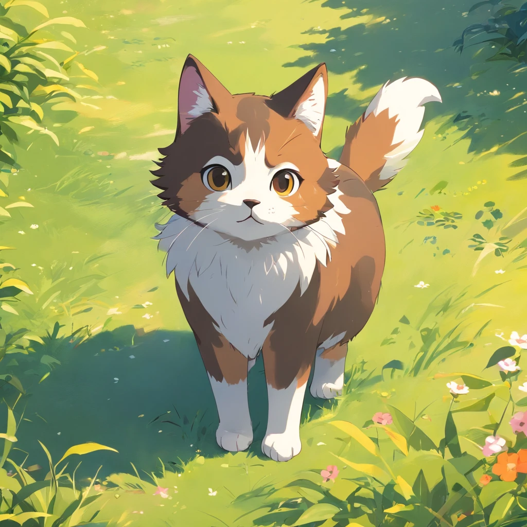Cute isometric cat emoticon, tuxedo jack, black and white cat, Fluffy and cute, Look up at the sky while walking , All over soft golden background, soft and muted colors, 3d icon clay render, springtime: 120mm, 3d blender render, Trending on Polycount, modular constructivism, Orange background, physically-based renderingt,