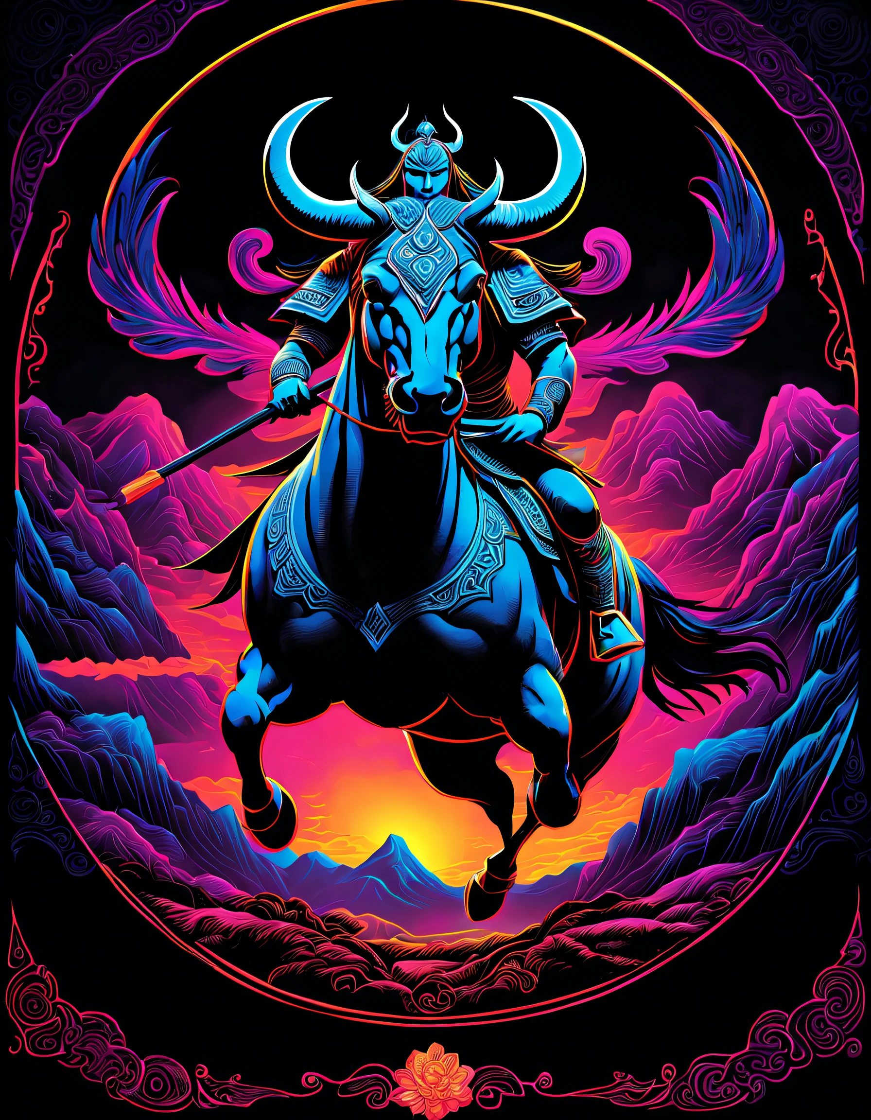 （Black light poster art )，（Mongolian molinqin），Black light poster art ，with black background，hight contrast, high saturated