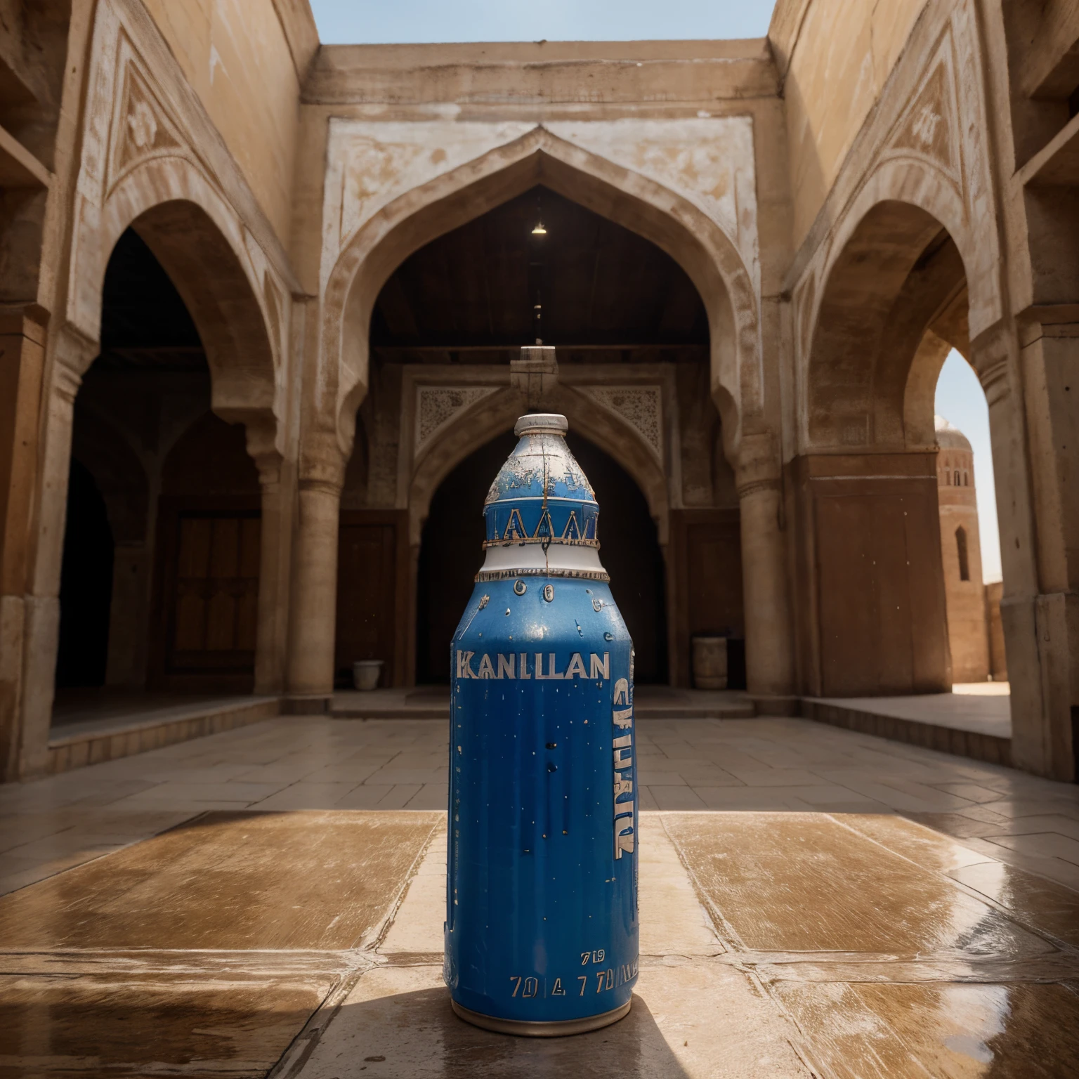 hight resolution,Realistic,can of sparkling water in the form "Kalyan Minaret, Bukhara", Ultra-detailed, RAW photo, sharp-focus, Professional, studio lightning,bright colours, on a flat white background