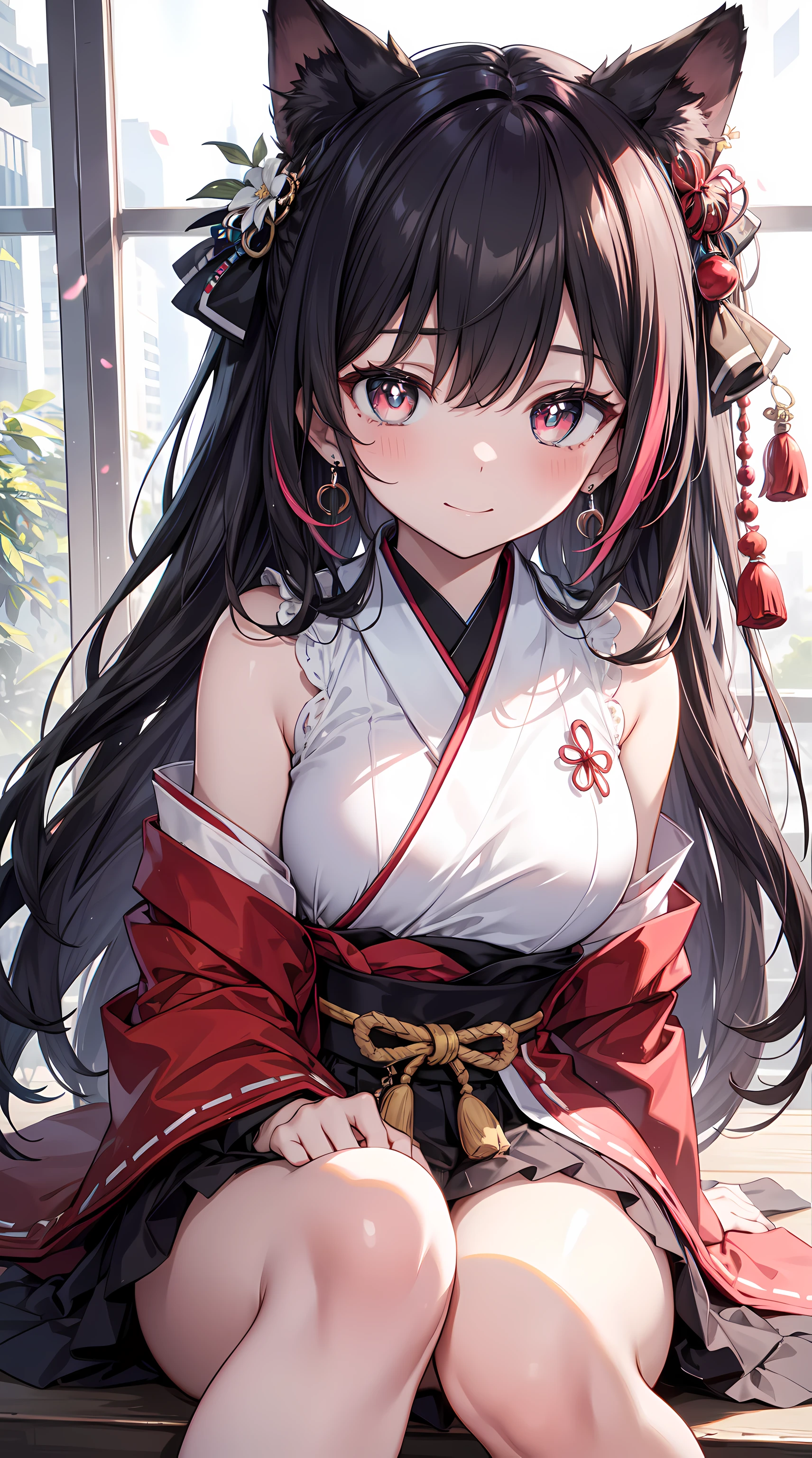 Striped hair, ribbons, Multicolored eyes, Student does not match, Scleral mismatch, crystal earrings, The face is red, drunk, close your mouth, Bright pupils, Seductive smile, His face was flushed, moaning, torogao, Japanese cartoons, ray traycing, hyper HD, tmasterpiece, Anatomically correct, ctextured skin, super detailing, high detal, high high quality, Best quality, A high resolution, 16k