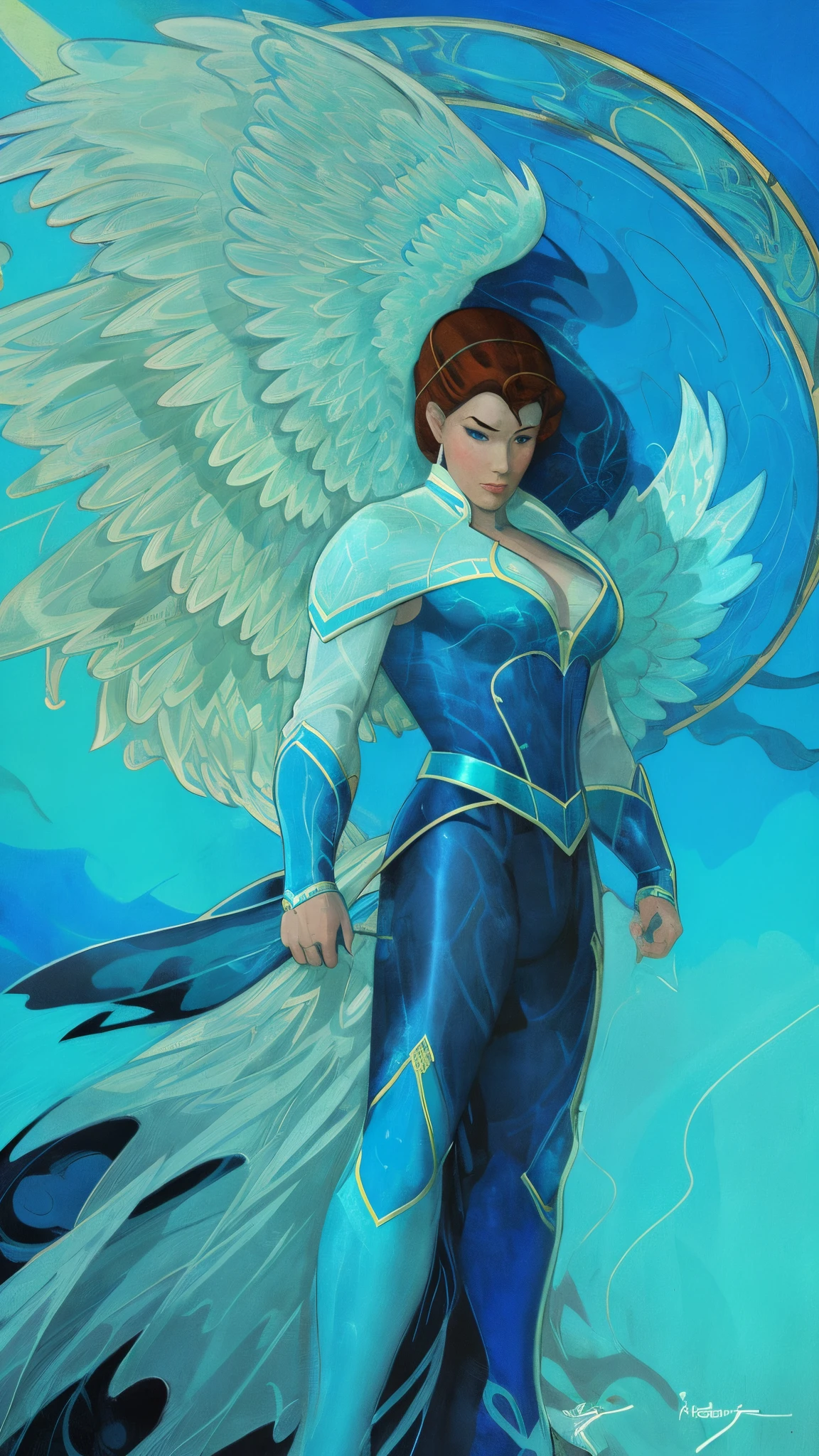 An image of one Masculine White Guardian Angel, white eyes, looking straight at camera, midshot, full body, cel-shading style, centered image, ultra detailed illustration of comics posing, broodish, (tetradic colors), inkpunk, ink lines, strong outlines, blue green water background, art by MSchiffer, bold traces, unframed, high contrast, cel-shaded, vector, 32k resolution, best quality Michael Cheval style illustration, very beautiful,l turquoise blue lace