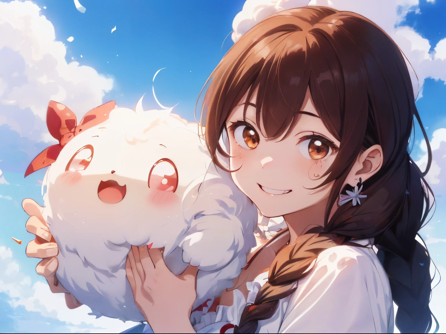 A colorful wonderland world,(White the, Fluffy, A round creature is flying),((A fluffy round creature floats on the wind....)),((Mysterious creatures)),fluffy hair,brown haired,((Braiding,Braids,Odango Hair)),Slightly red tide,((Brown eyes)),(voluminous clothes with frills),((I have white cream on my face and hands.....)),((yogurt)),(Tejepero),(Smile slightly),(Kamimei),(close up of face),There are a lot of sweets scattered around,