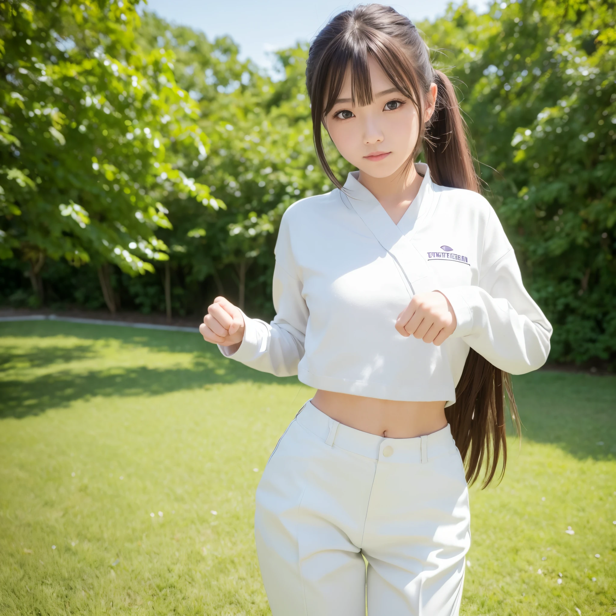 (Photorealsitic)(), Pretty Woman, (Full body 8K portrait), 1 girl in, White Karate Uniform, White karate pants, Large bust,Stand alone, Large and dynamic hand and foot movements, Stick out your fist, Make a high side kick, Correct skeleton, Perfect facial detail, (Smile: 1.15), attractive beautiful face, gazing at viewer, a small face, 二重まぶた, Beautiful detailed eyes, long eyeslashes, ligh brown hair, poneyTail, Toned waist, Beautiful thin legs, toned ankles, bare-legged ,TOKYOcty, the background is green, no nsfw