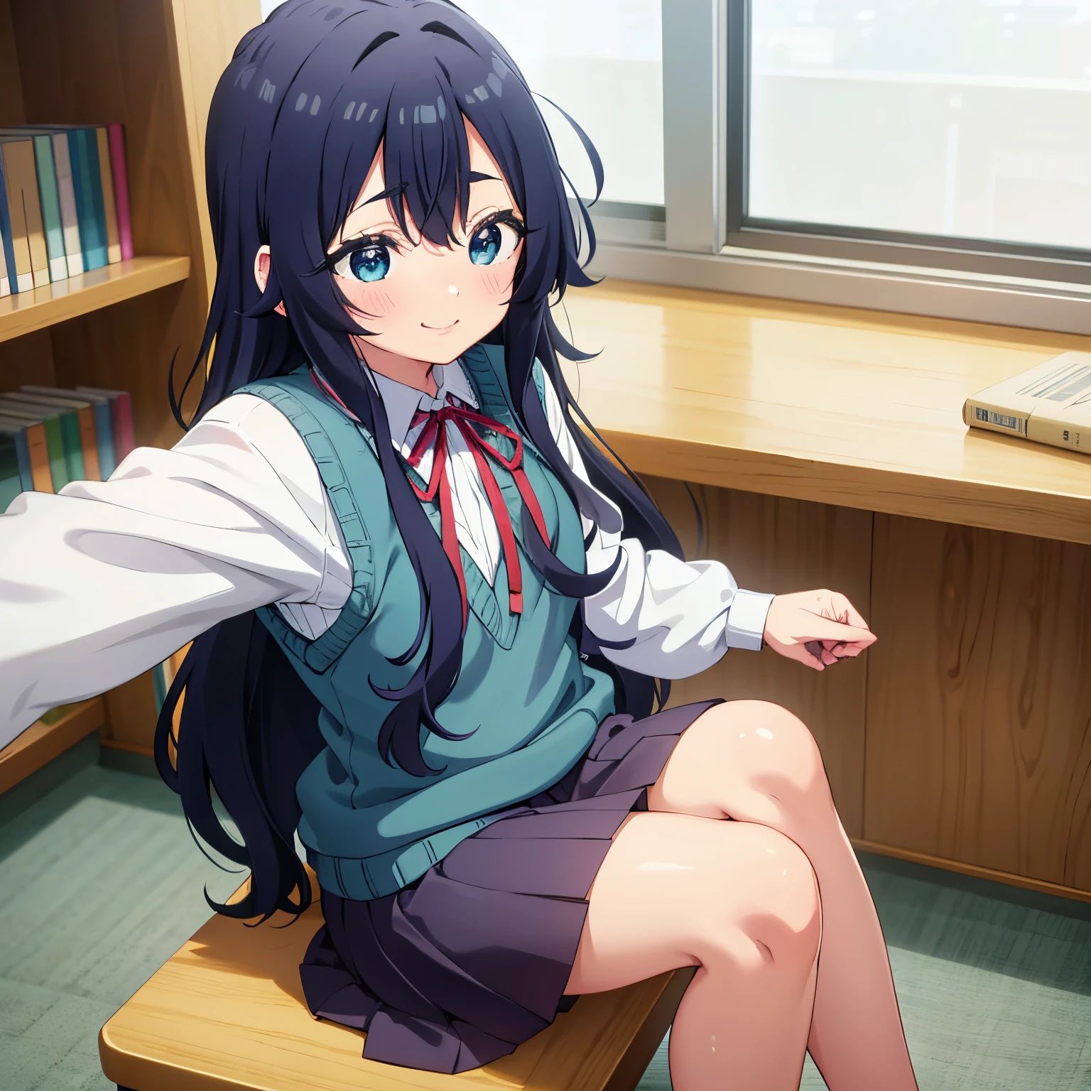 Pov(from below),1girl,alone, Shizuka yoshimoto, long hair, dark blue hair, blue eyes, ribbon on neck, red ribbon, white shirt, black skirt, embarrassed, smiling, long sleeves, school uniform, bracelet, sweater vest, classroom, POV, Selfie, Smiling, nervous smile, mouth half open, embarrassed, shy, library, book shelves, sitting, sitting on desk, legs crossed, blushing all over, Standing, 1 girl , (Masterpiece: 1.3), (high resolution), (8k), (extremely detailed), (4k), (Pixiv), Perfect face, Beautiful eyes and face, (Best quality), (super detailed), Detailed face and eyes, (Only), textured skin, Absurds, high resolution, small breasts, medium waist, medium thighs