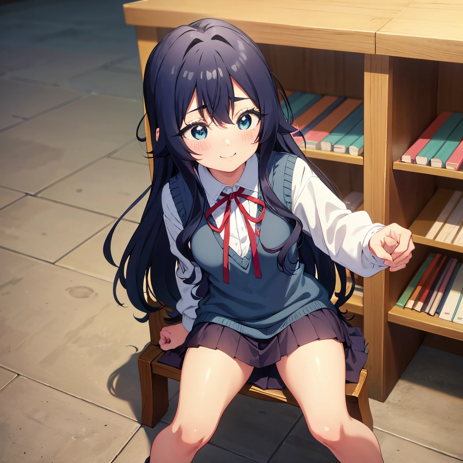 Pov(from below),1girl,alone, Shizuka yoshimoto, long hair, dark blue hair, blue eyes, ribbon on neck, red ribbon, white shirt, black skirt, embarrassed, smiling, long sleeves, school uniform, bracelet, sweater vest, classroom, POV, Selfie, Smiling, nervous smile, mouth half open, embarrassed, shy, library, book shelves, sitting, sitting on desk, legs crossed, blushing all over, Standing, 1 girl , (Masterpiece: 1.3), (high resolution), (8k), (extremely detailed), (4k), (Pixiv), Perfect face, Beautiful eyes and face, (Best quality), (super detailed), Detailed face and eyes, (Only), textured skin, Absurds, high resolution, small breasts, medium waist, medium thighs