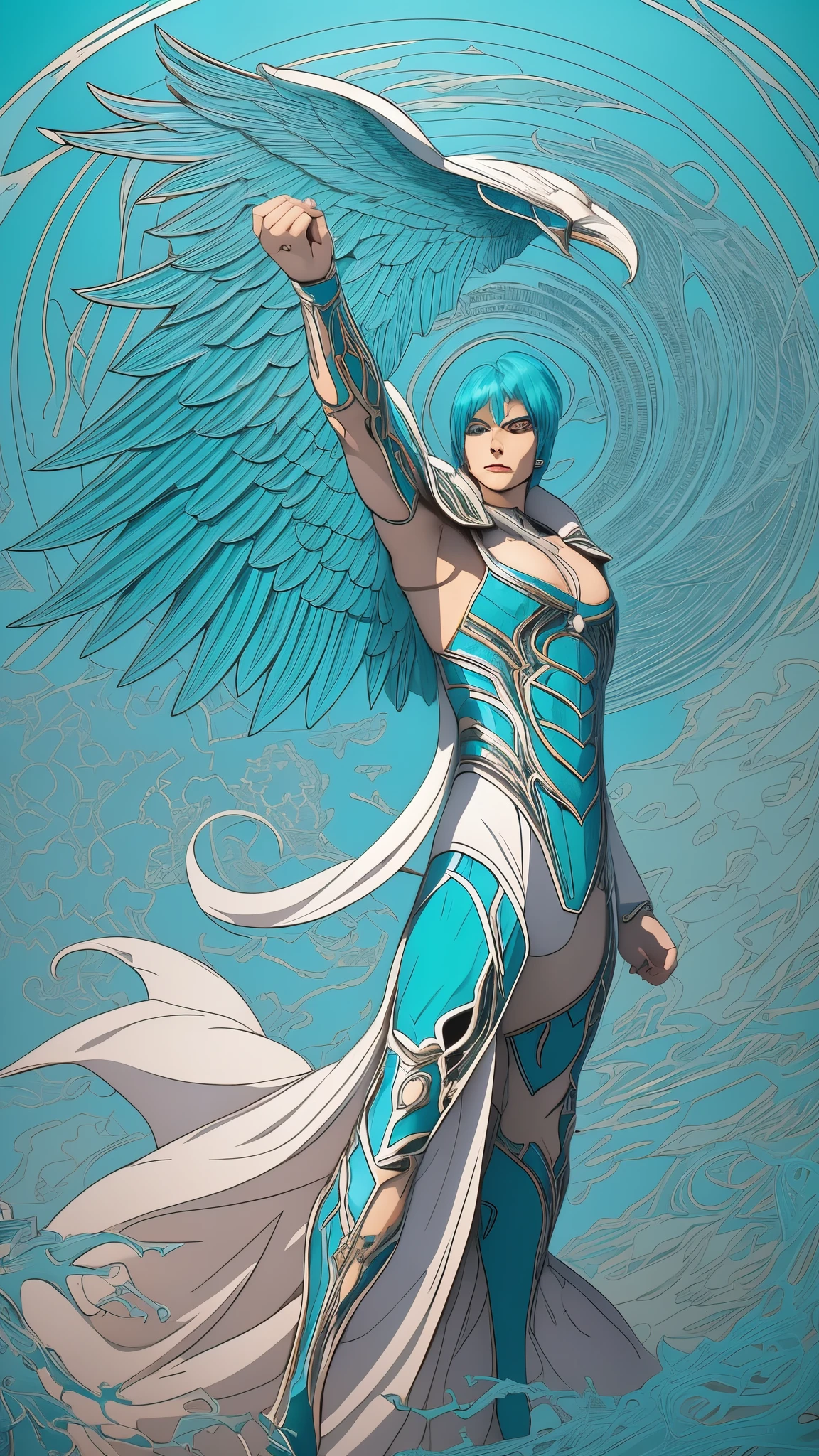 An image of one Masculine White Guardian Angel, white eyes, looking straight at camera, midshot, full body, cel-shading style, centered image, ultra detailed illustration of comics posing, broodish, (tetradic colors), inkpunk, ink lines, strong outlines, blue green water background, art by MSchiffer, bold traces, unframed, high contrast, cel-shaded, vector, 32k resolution, best quality Michael Cheval style illustration, very beautiful,l turquoise blue lace