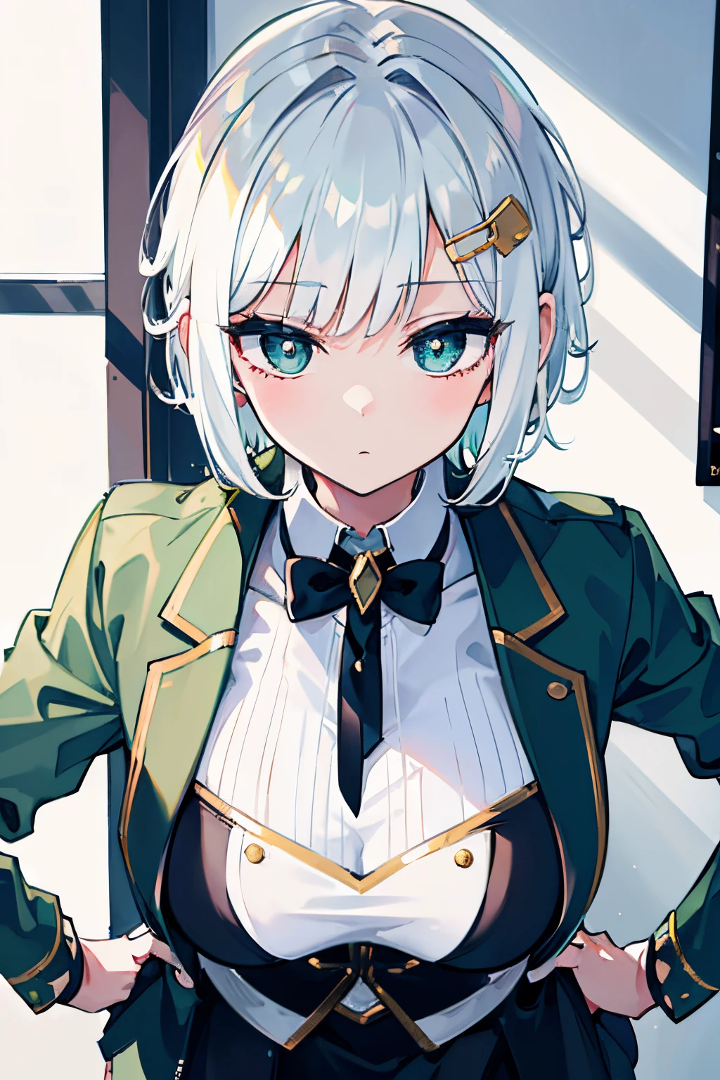 Best quality, 1girl, short hair, white hair, green eyes, green blazer, black skirt, detailed background, looking at viewer, hair ornaments, indoors