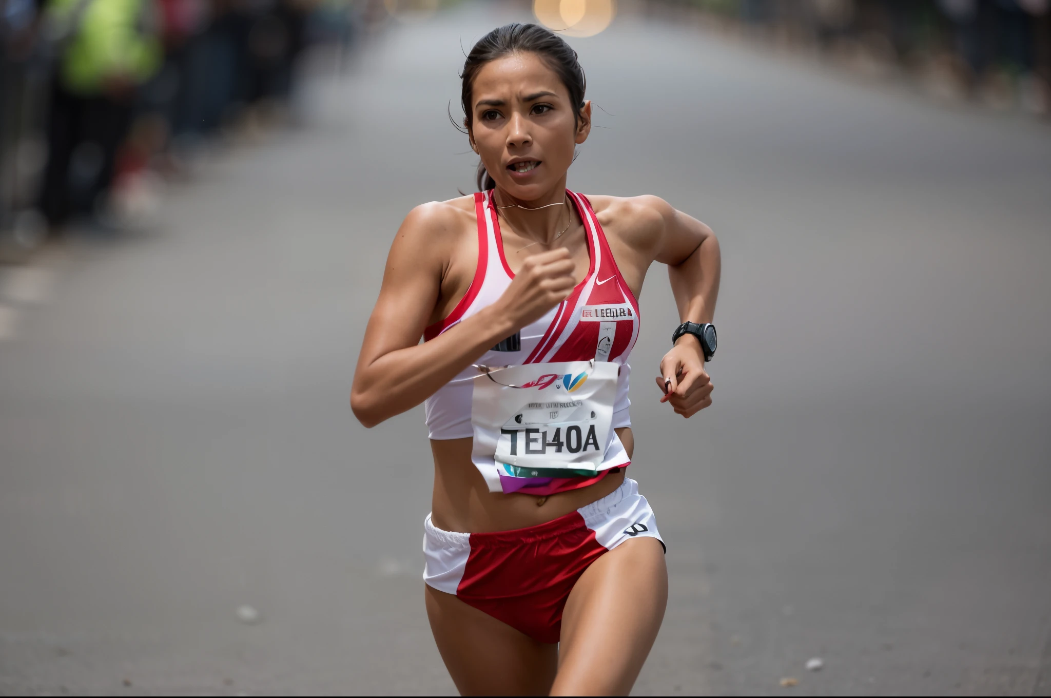 woman in red and white running in a marathon, Tejeda, 30-year-old woman from peru