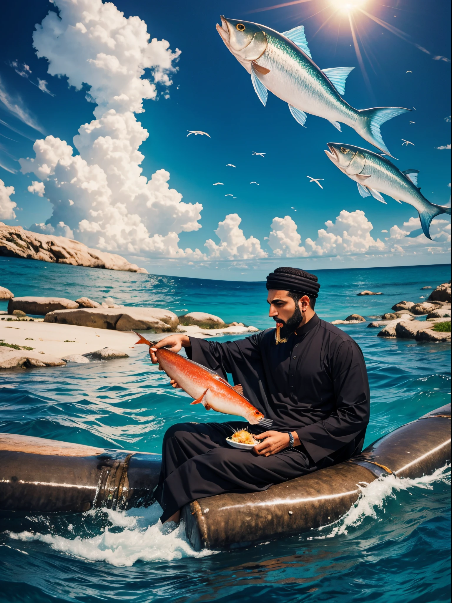 Muslim man eating fish in heaven