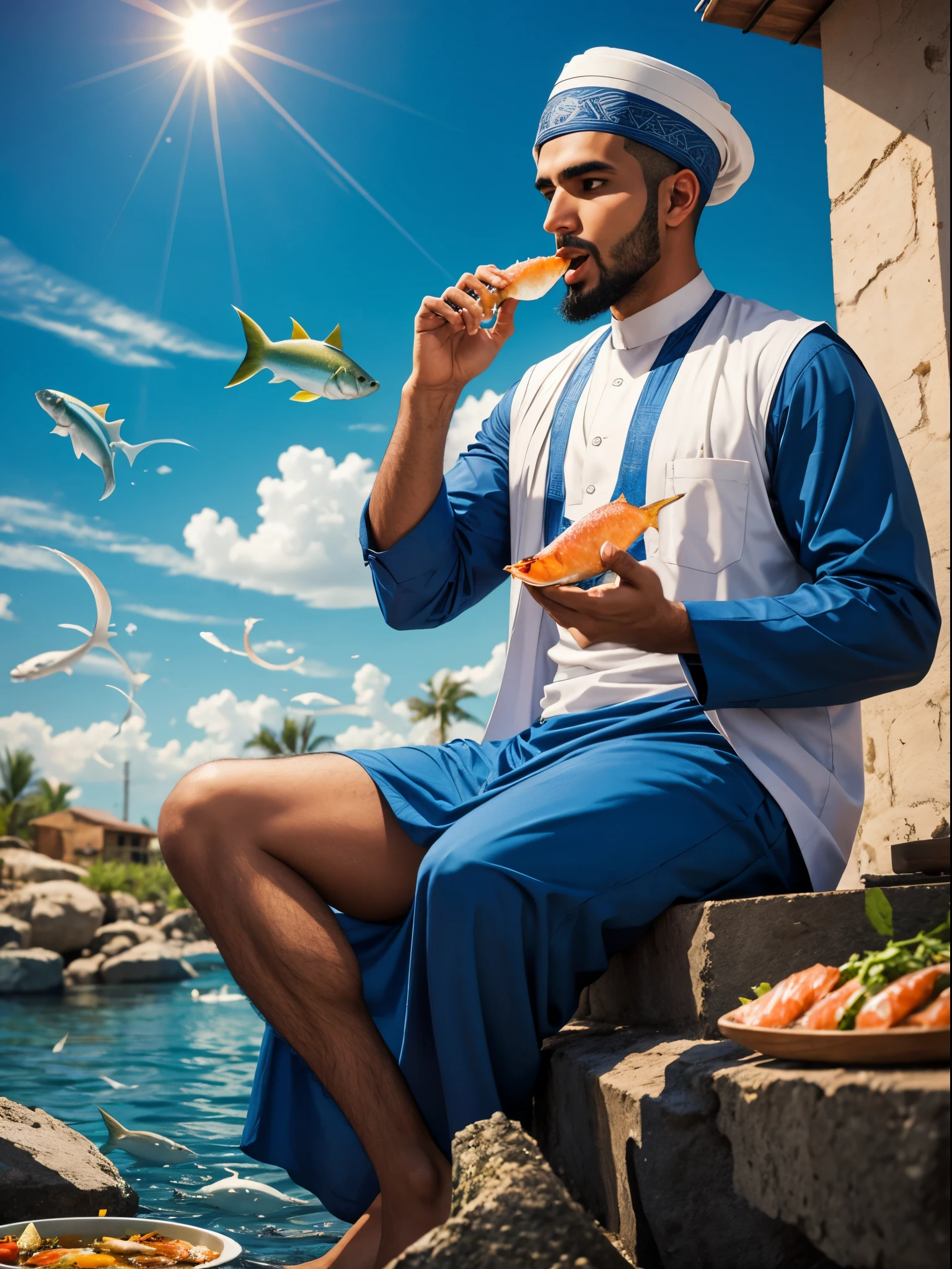 Muslim man eating fish in heaven
