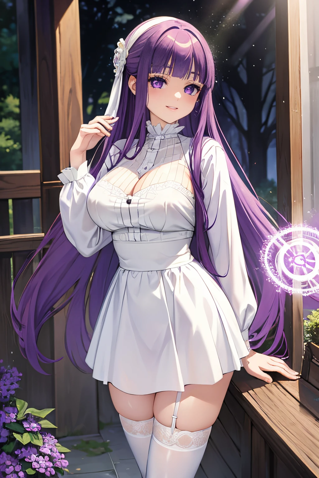 masterpiece,
long straight purple hair, purple eyes, smile precure, fairy garden on the background,
eyepatch, white sexy bra and stockings, white panties, , gigant white magic circle, white magical circle,
Brilliant light effect, Shocking art, Aesthetics and fine arts