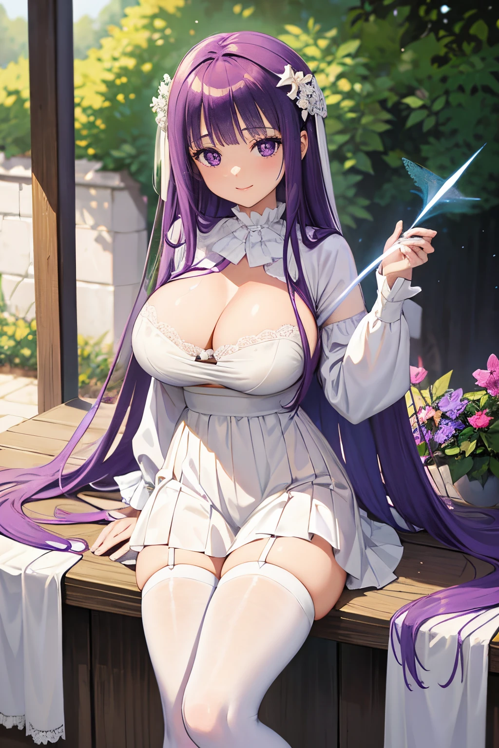 masterpiece,
long straight purple hair, purple eyes, smile precure, fairy garden on the background,
eyepatch, white sexy bra and stockings, white panties, , gigant white magic circle, white magical circle,
Brilliant light effect, Shocking art, Aesthetics and fine arts