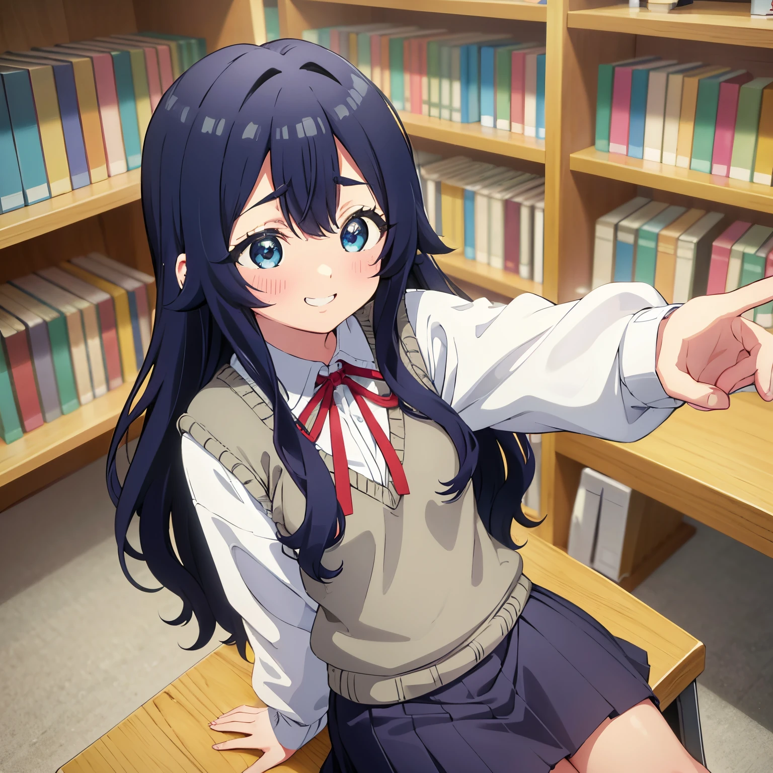 Pov(from below),1girl,alone, Shizuka yoshimoto, long hair, dark blue hair, blue eyes, ribbon on neck, red ribbon, white shirt, black skirt, embarrassed, smiling, long sleeves, school uniform, bracelet, sweater vest, classroom, POV, Selfie, Smiling, nervous smile, mouth half open, embarrassed, shy, library, book shelves, sitting, sitting on desk, legs crossed, blushing all over, Standing, 1 girl , (Masterpiece: 1.3), (high resolution), (8k), (extremely detailed), (4k), (Pixiv), Perfect face, Beautiful eyes and face, (Best quality), (super detailed), Detailed face and eyes, (Only), textured skin, Absurds, high resolution, small breasts, medium waist, medium thighs