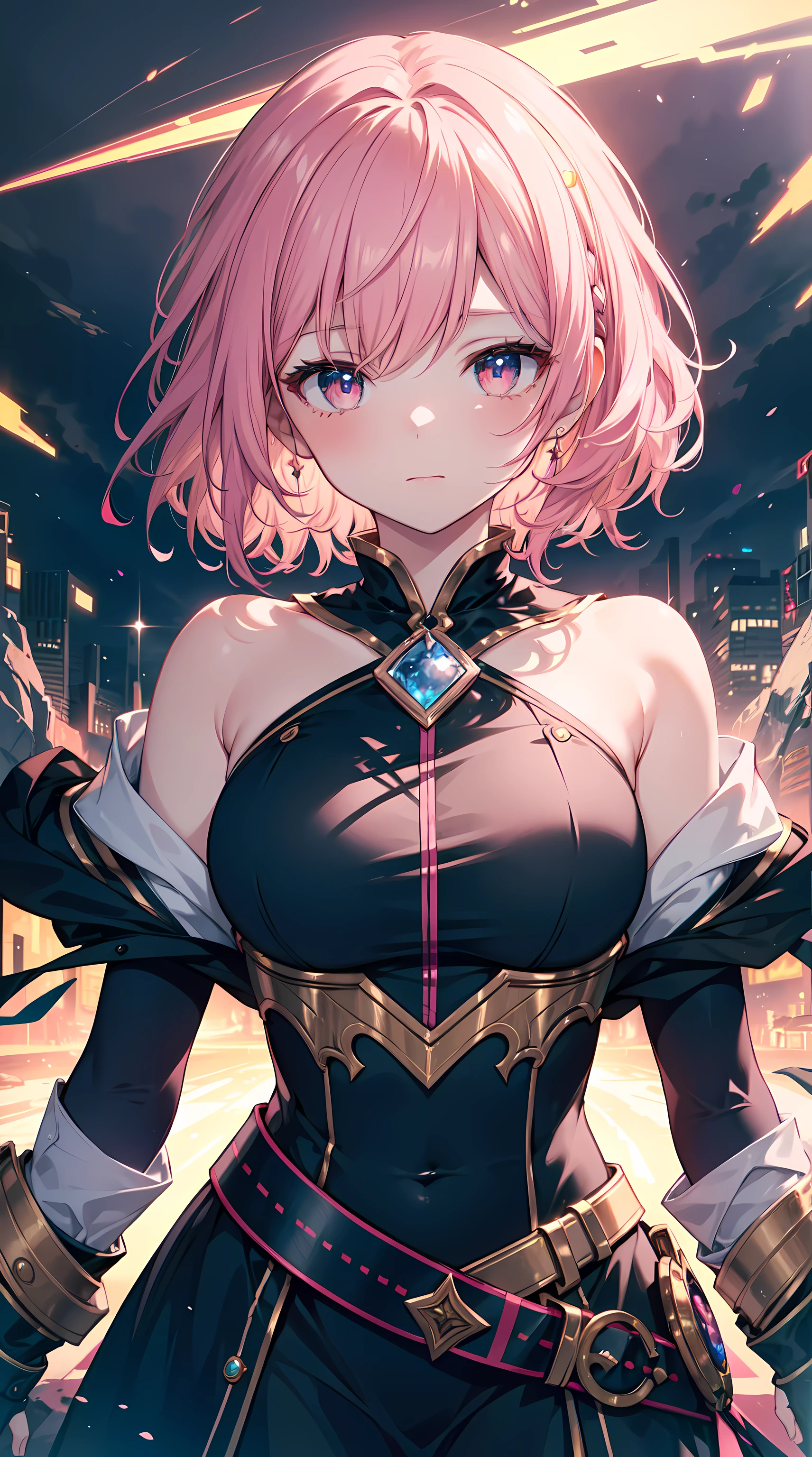 A woman in a black dress with pink hair and a sword - SeaArt AI
