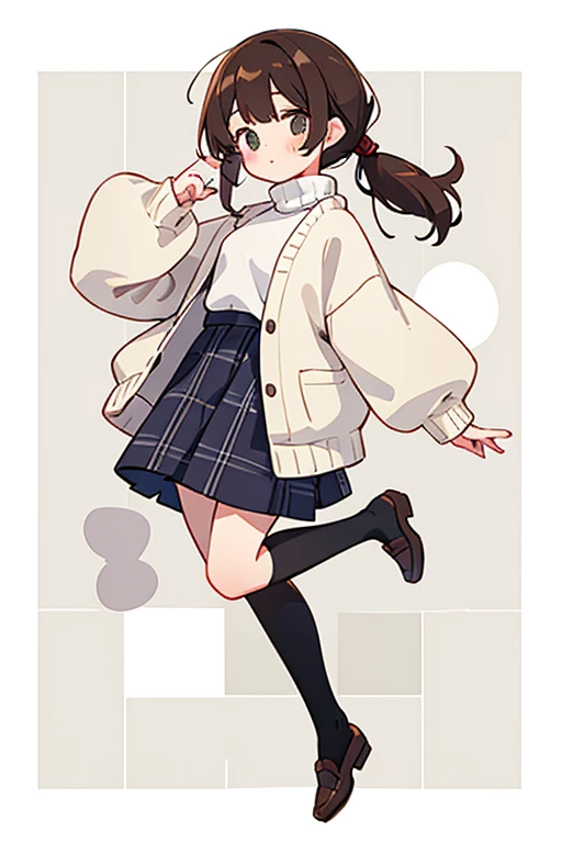 15yo girl、happy、brown haired、Her hairstyle is bob and a long low ponytail 、white turtleneck sweatshirt、Off-white cardigan、(( tartan check long skirt))、Black tights、full body、
