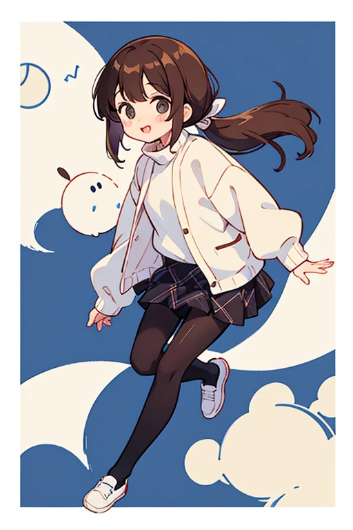 15yo girl、happy、brown haired、Her hairstyle is bob and a long low ponytail 、white turtleneck sweatshirt、Off-white cardigan、(( tartan check long skirt))、Black tights、full body、