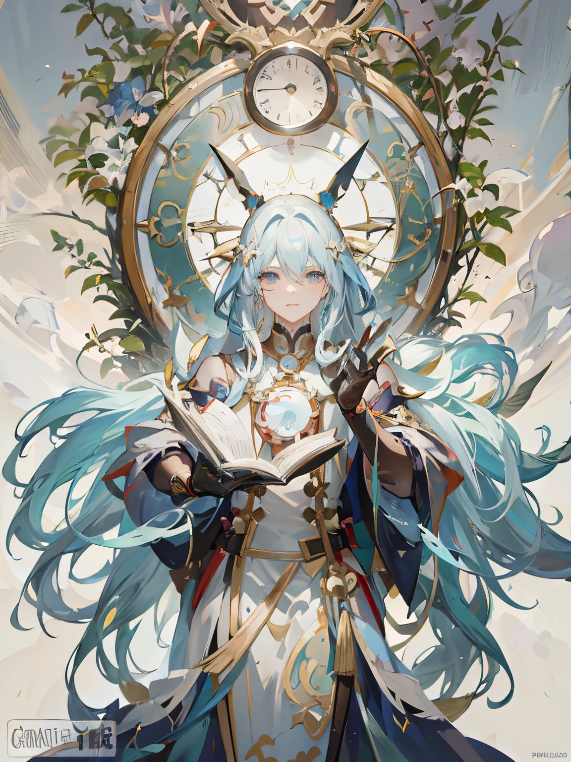Long hair,onmyoji,Anime character with clock in the background, Detailed key animation art, Popular topics on artstation pixiv, Genshin impact's character, the original god, anime fantasy illustrations, Beautiful celestial mage, goddess of time, Anime fantasy artwork, artbook artwork, 《the original god》Keqing in