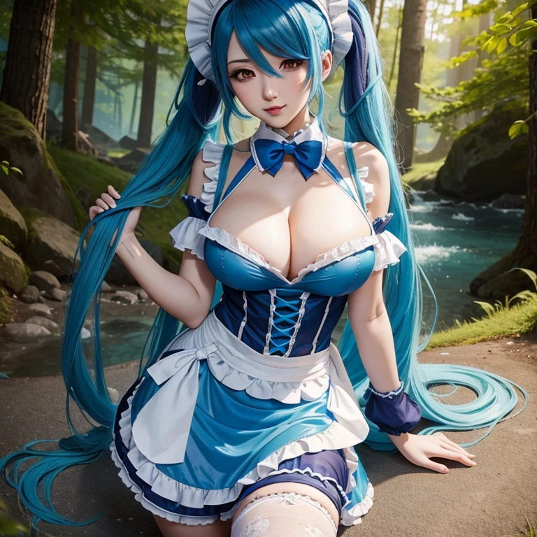 League of legends character Sona, long blue hair, pigtails, sexy, maid hat, maid apron,  big boob, Big chest, Clivage, alluring look, blushing, somewhere in nature, outside, topview