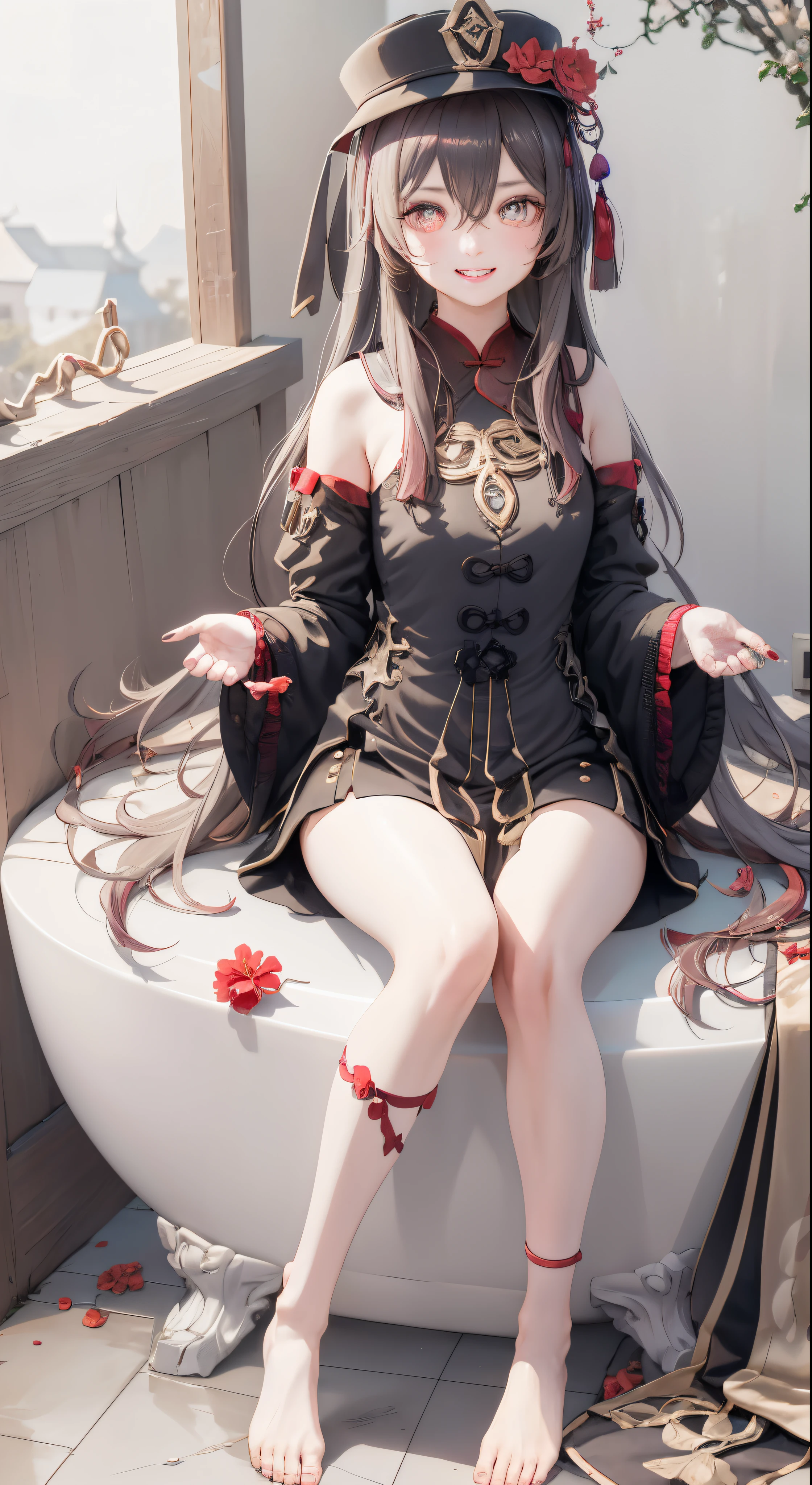 tmasterpiece,8K art photography, realism concept art, Soft, Natural volume cinematic perfect light, epic, Popular topics on artstationh, a vibrant one, production cinematic character render, super high-quality model, lightand shade contrast,Anime girl sitting cross-legged in the bathtub,Bareleged,The barefoot,Hand detail, five finger,perfect eyes,eyes are very detailed,with a round face,with her mouth open,tear drop,Raised sexy,plum,Bigchest,through bangs,Black tiara,blush blush,Brown hair,Chinese style,blossoms,Grinning,Hair between both eyes,Hats,Cap flower,inner strength,Long gray hair,longer sleeves,looking at viewert,red flower,ssmile,独奏,star blue pupils,teeth,