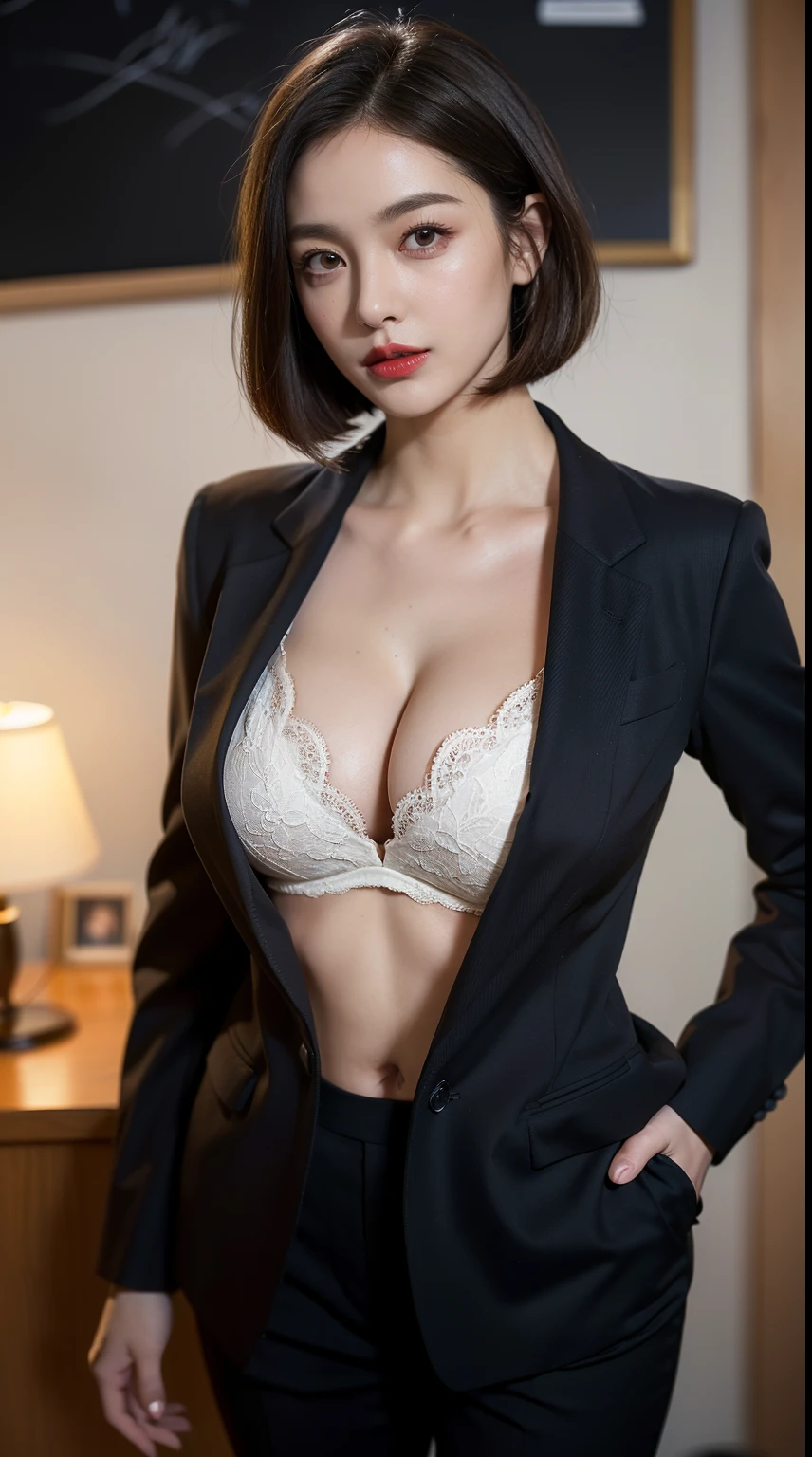 ((4k)),((masterpiece)),(best quality),((ultra detailed)), ((realistic)), (bob cut),((cinematic lighting)), depth of field, (best angle),((beautiful detailed eyes), ((standing)), pretty face, red lip, long breast, ((detail face)), ((cleavage)), ((from front)), perfect body, (cowboy shot), ((office suit)),((closed mouth)), young