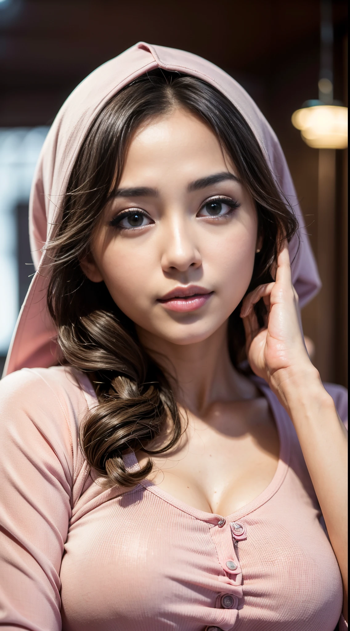 1 Malay girl, medium portrait, watery eyes, RAW, Best quality, high resolution, masterpiece: 1.3), beautiful Malay woman in hijab (iu:0.8),big breast, perfect nose,perfect lips, perfect eyes, detail :1.2), (Masterpiece:1.3), (8K, Photorealistic, RAW photo, Best Quality: 1.4), malay, Beautiful Face, (Realistic Face), (Medium Hair:1.3), Beautiful Hairstyle, Realistic Eyes, Beautiful Eyes, big breast, (Realistic Skin), Beautiful Skin, Attractive, Ultra High Definition, Ultra Realistic, High Definition,hightquality、masterpiece、ultra res、a beauty girl、Beautiful girl face、cute girl face、s Pajamas、wearing pajamas、full bodyesbian、Famous actresses of malay、very beautiful face、A sexy