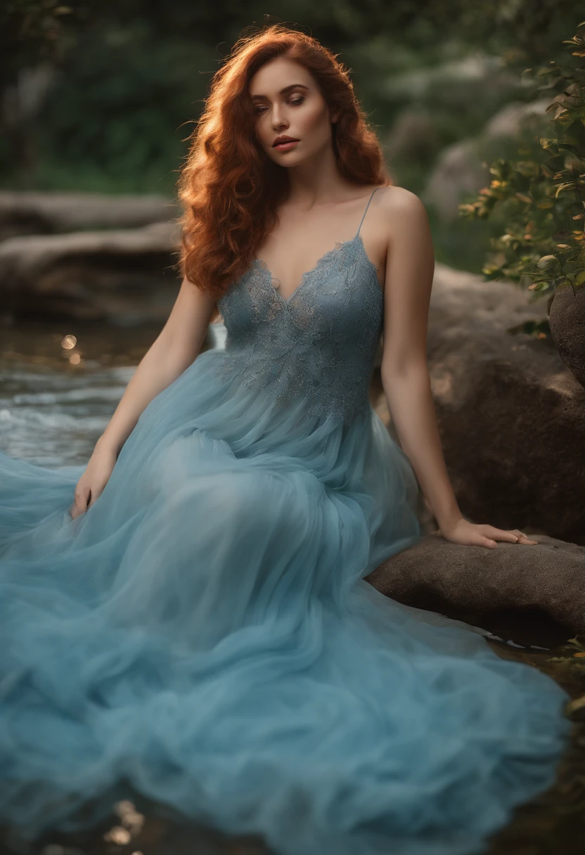 tmasterpiece, (((full-figure))) The whole body is in the frame, (((Amazing light action shots))) (((Beautiful smiling anorexic pale goddess irish woman sitting in greek garden water waterfall)), ((( Silk white flowy dress,Show your body while looking at the camera))) , (((red hair short hair, Small and precise pointer))) moody light, blue hour, blue colors, The is very detailed, dramatic lights, Digital Art Trends on Artstation 8k HD HD Detailed True, Detailed pubic hair, skin texture, ultra - detailed, realistic skin textures, armature, Best quality at best, 超A high resolution, (realisticlying:1.4), A high resolution, Detailed pubic hair, RAW photogr, sharp re, Nikon D850 Film Stock Photo 4 Kodak Portra 400 Camera F1.6 Shots: Rich colors, surreal, realistic textures, dramatic lighting, Unreal Engine is popular on the ArtStation CineStill 800, (((Accurate female anatomy, perfect eyes))) (((500px, fstoppers, photoraelistic.you, Retro punk)))