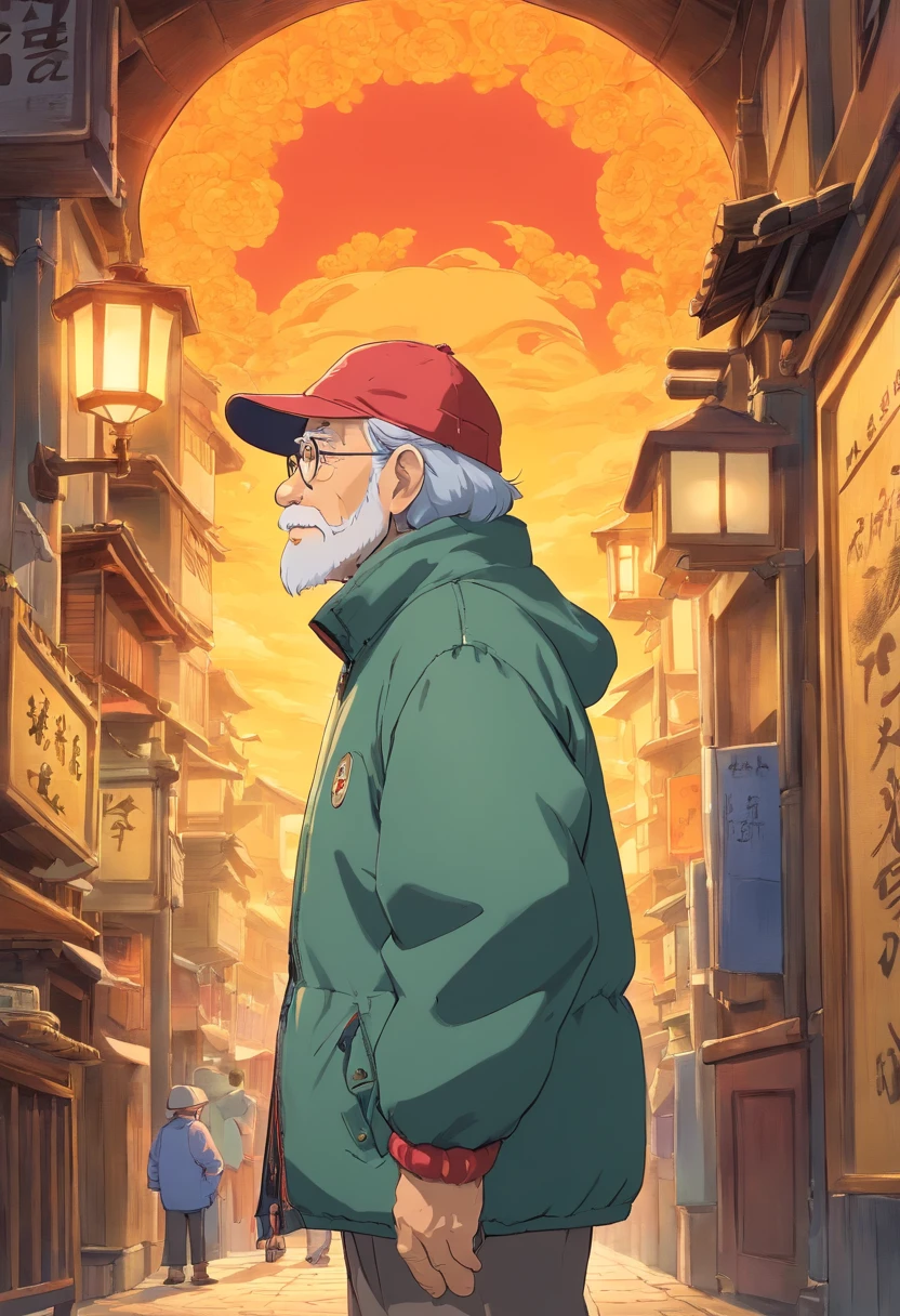 An old man wearing a down jacket is standing with a hat