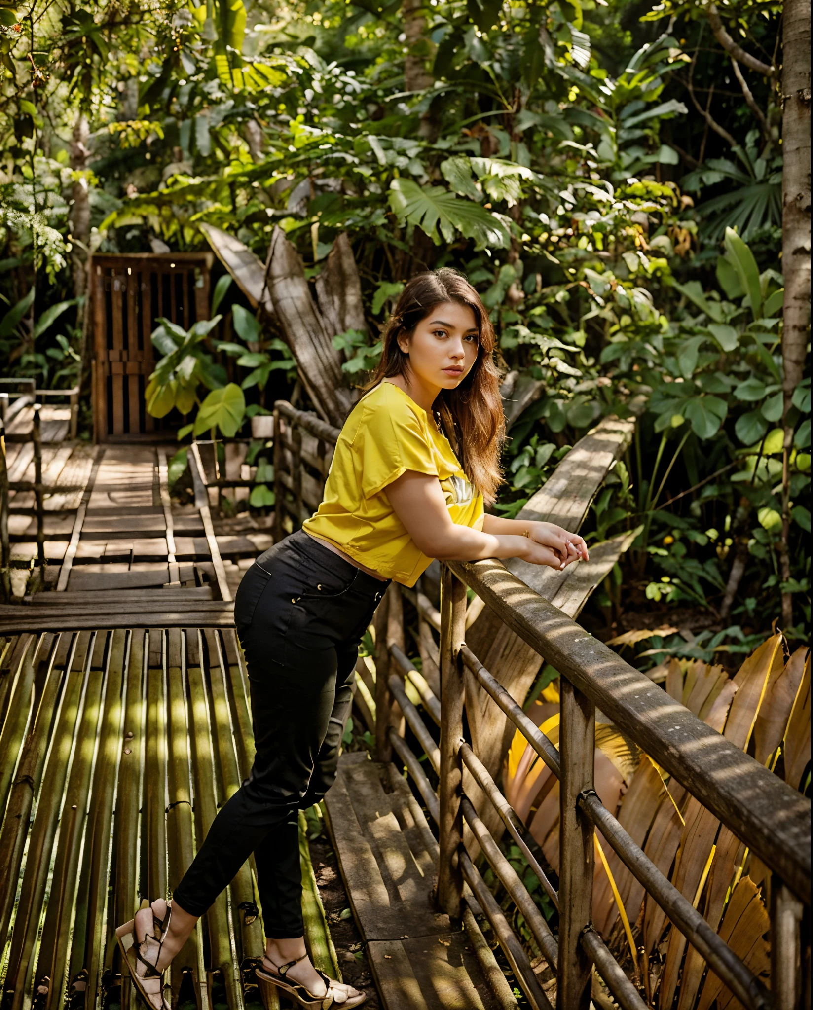 a woman standing on a bridge with a yellow shirt and black pants, casual pose, full body photogenic shot, with a cool pose, in front of a forest background, in a jungle environment, standing in a botanical garden, wearing yellow croptop, candid picture, side pose, attractive pose, casual photography, in a scenic background, in a jungle, in jungle