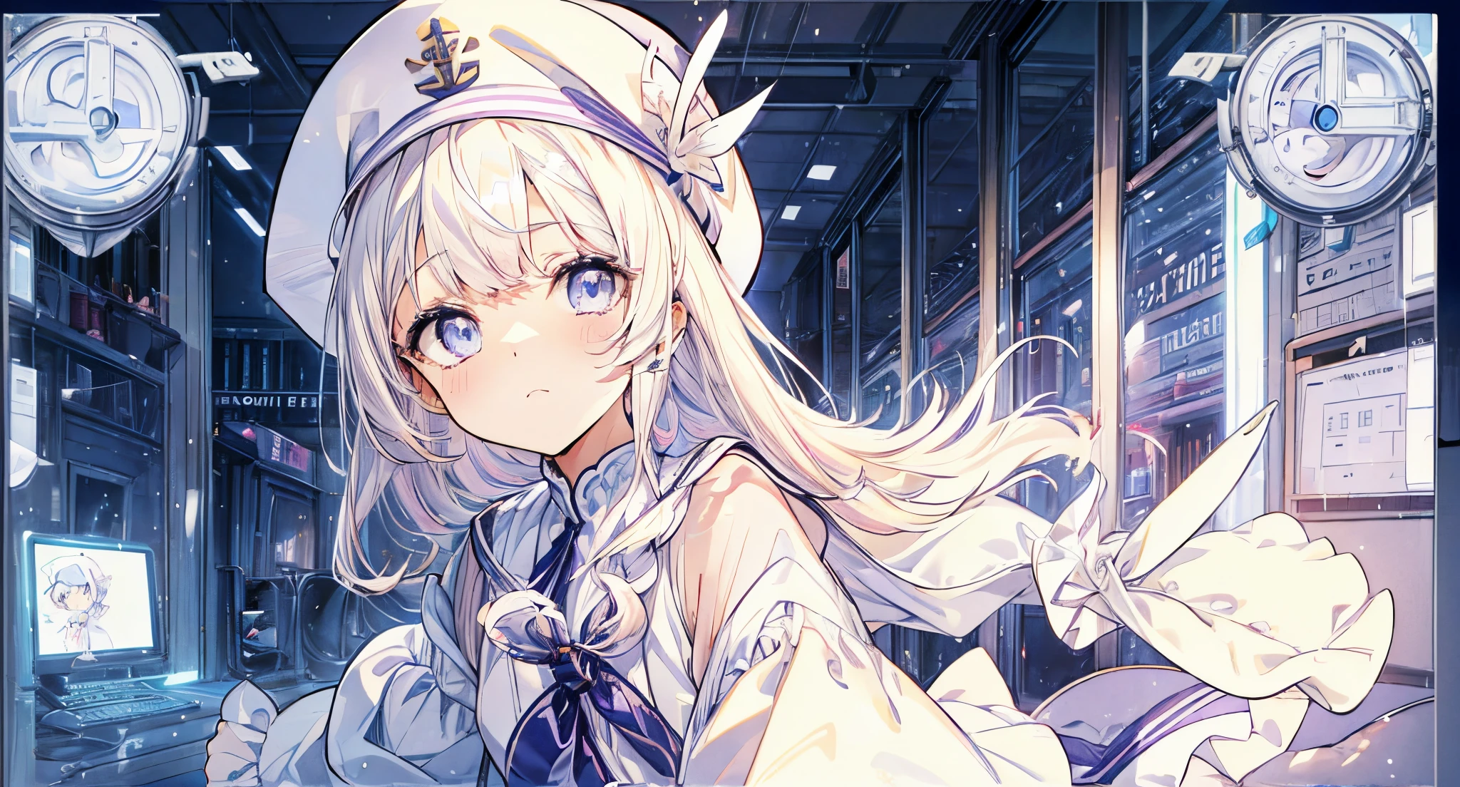 1girl in, Face, Looking at Viewer,masutepiece, (Best Quality:1.3), Extremely detailed, Light purple and white, ((White Sailor Uniform)), (((White hair)))、Sauce order、The eyes are blue eyes、((girl))、(Long hair)、(((White Brim Cap)))、((White beret))、a miniskirt、frilld、Frill Knee Socks、School at dusk、stylish school interior、sunset hallway、tile hallway、((Second))、snow outside the window、Winters
