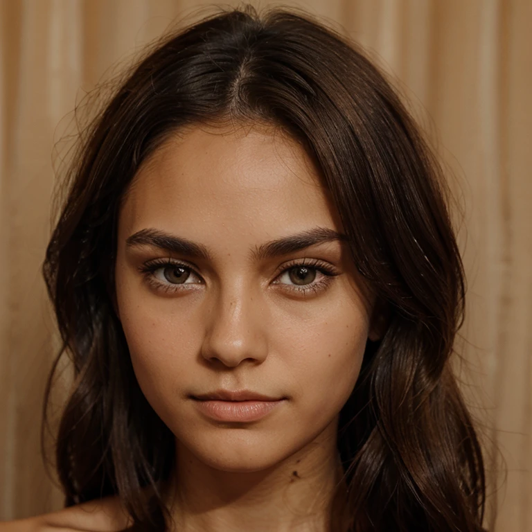 Oval face, wheat toned skin, almond shaped small dark brown eyes, shoulder length hair