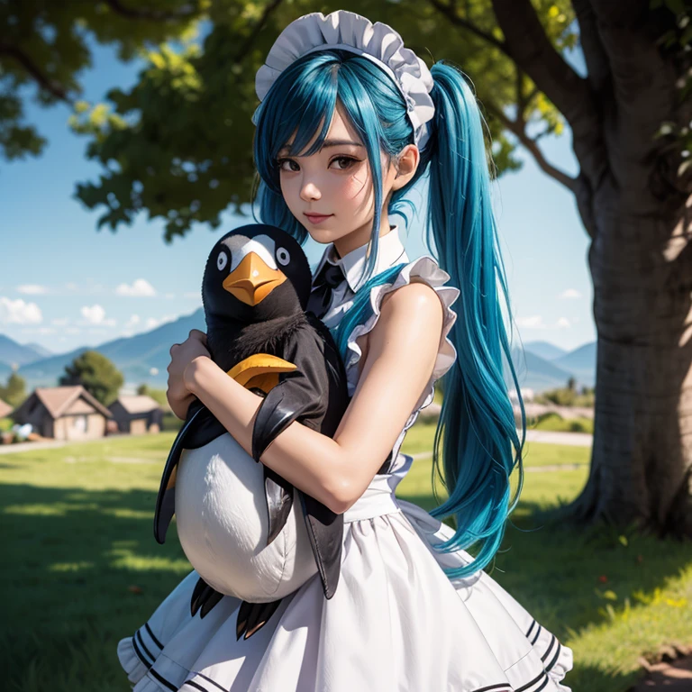 League of legends character Sona hugging a stuffed penguin, long blue hair, pigtails, cute scene, maid hat, maid apron, Clivage, alluring look, blushing, somewhere in nature, outside,